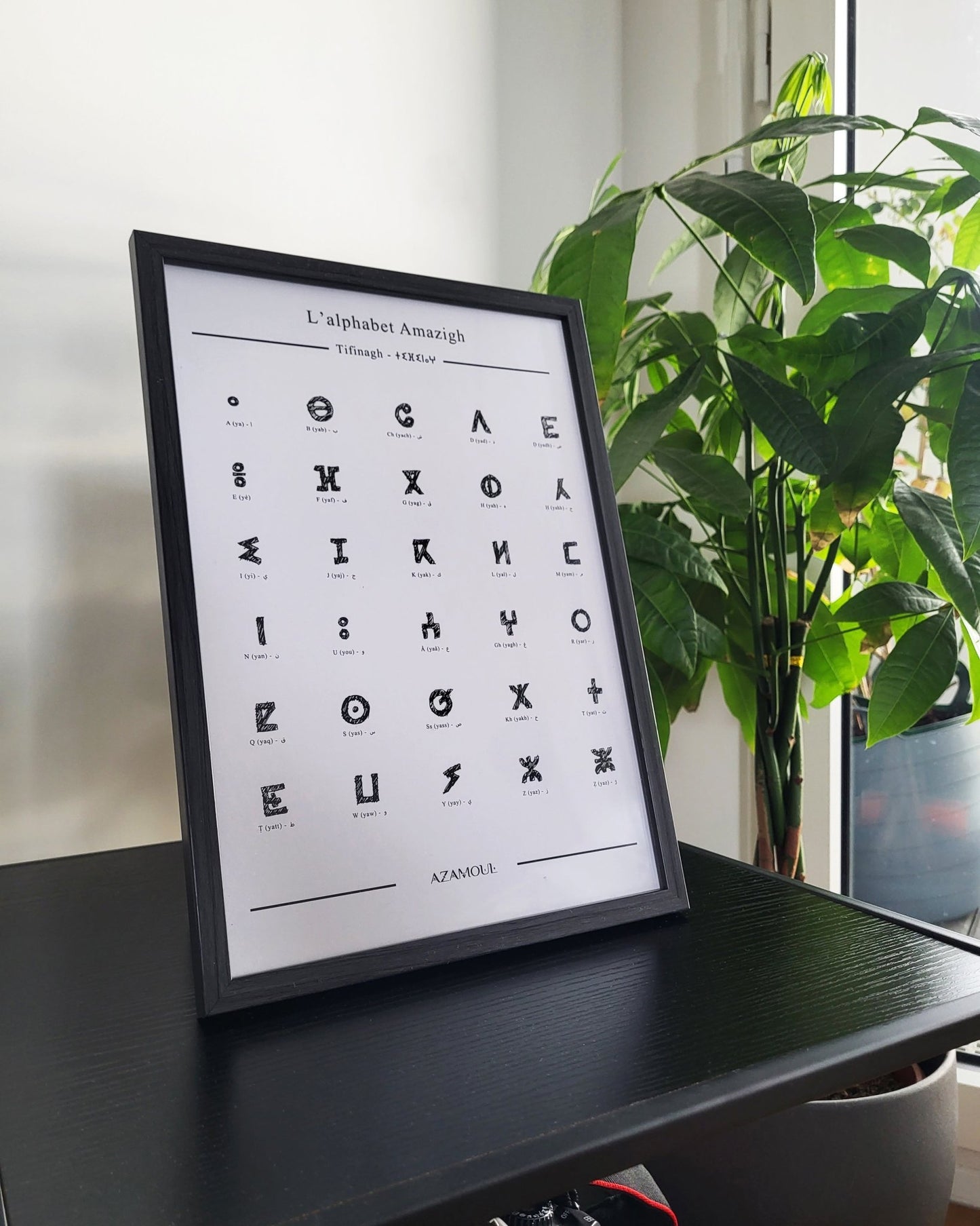 Affiche murale de l'alphabet berbère, Tifinagh, de couleur noire posée sur un bureau à coté d'une fleur dans un cadre de décoration intérieure par Azamoul mode et accessoires berbères amazigh