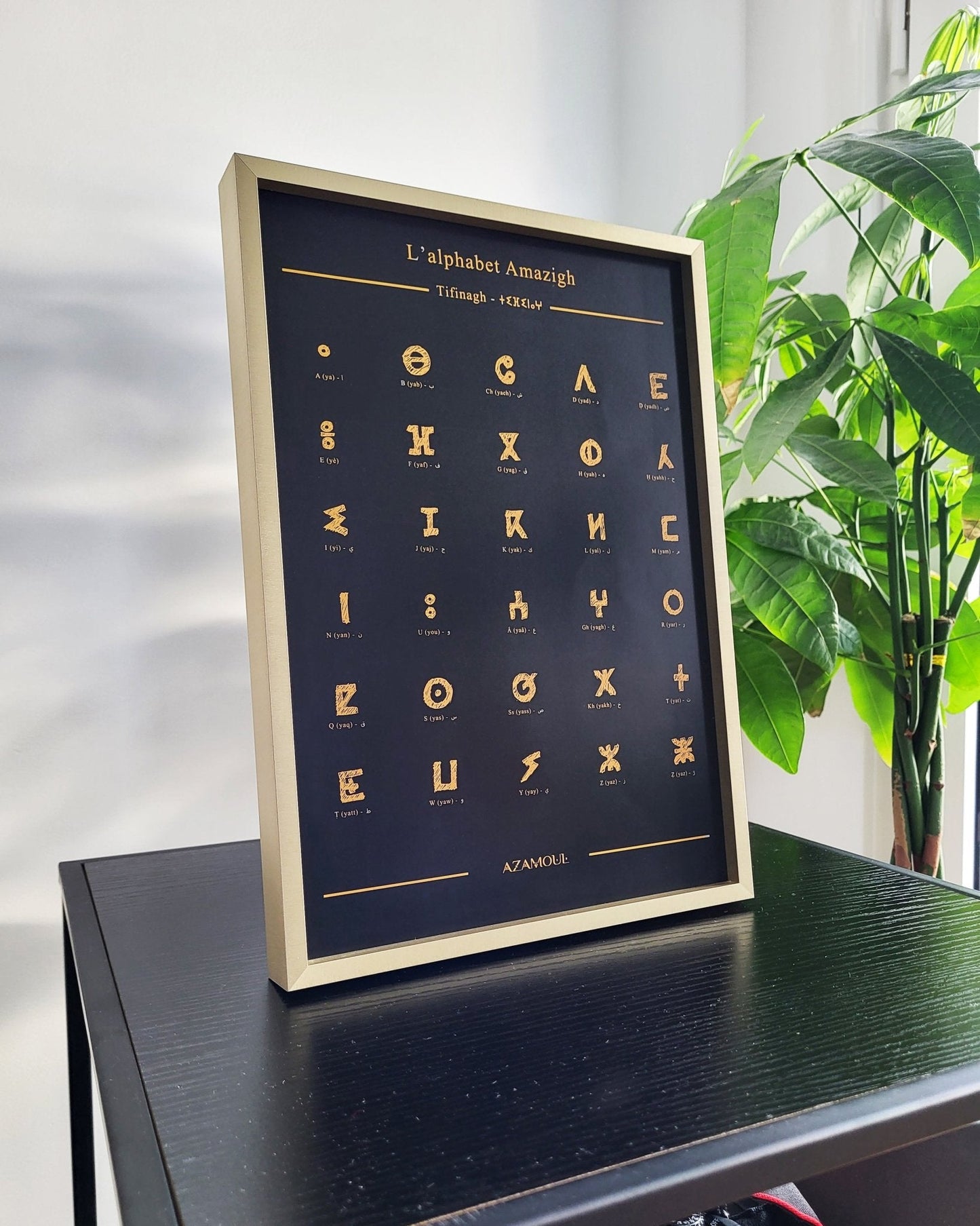 Affiche murale de l'alphabet berbère, Tifinagh, de couleur noire posée sur un bureau à coté d'une fleur dans un cadre de décoration intérieure par Azamoul mode et accessoires berbères amazigh