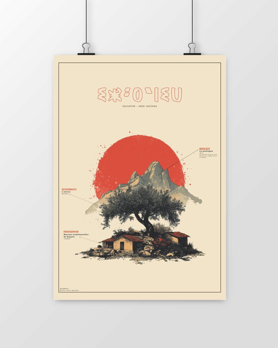 Affiche murale Izuraniw attachée illustrant un olivier symbole de résistance et des maisons kabyles par azamoul mode et accessoires berberes qui met en avant un olivier les maisons kabyle et une montagne dans la style art japonais, en papier mat et couleur chaleureuse et beige rouge et vert