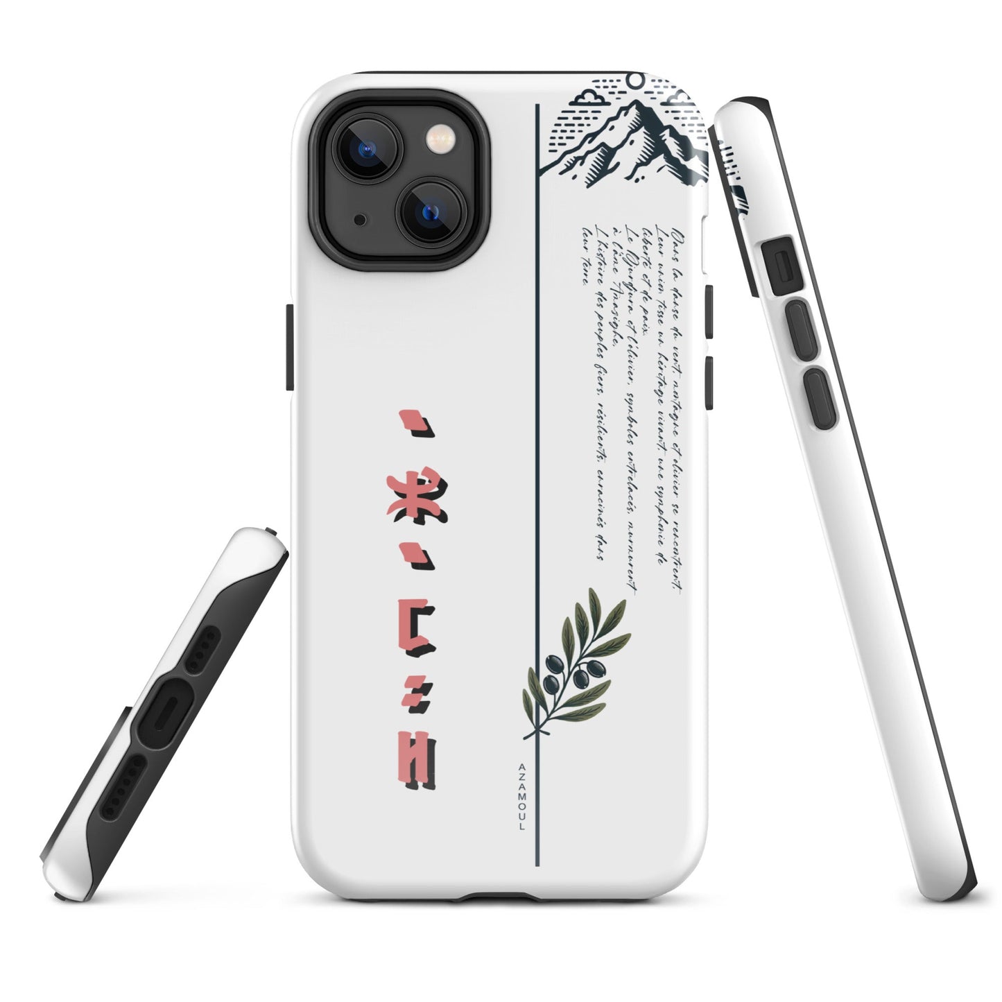 coque pour samsung izumal solide mettant en valeur des symboles de l'identité Amazigh à travers l'alphabet tifinagh et une branche de l'olivier symbole de durabilité et solidité et la montagne djurdjura de la kabylie en algérie