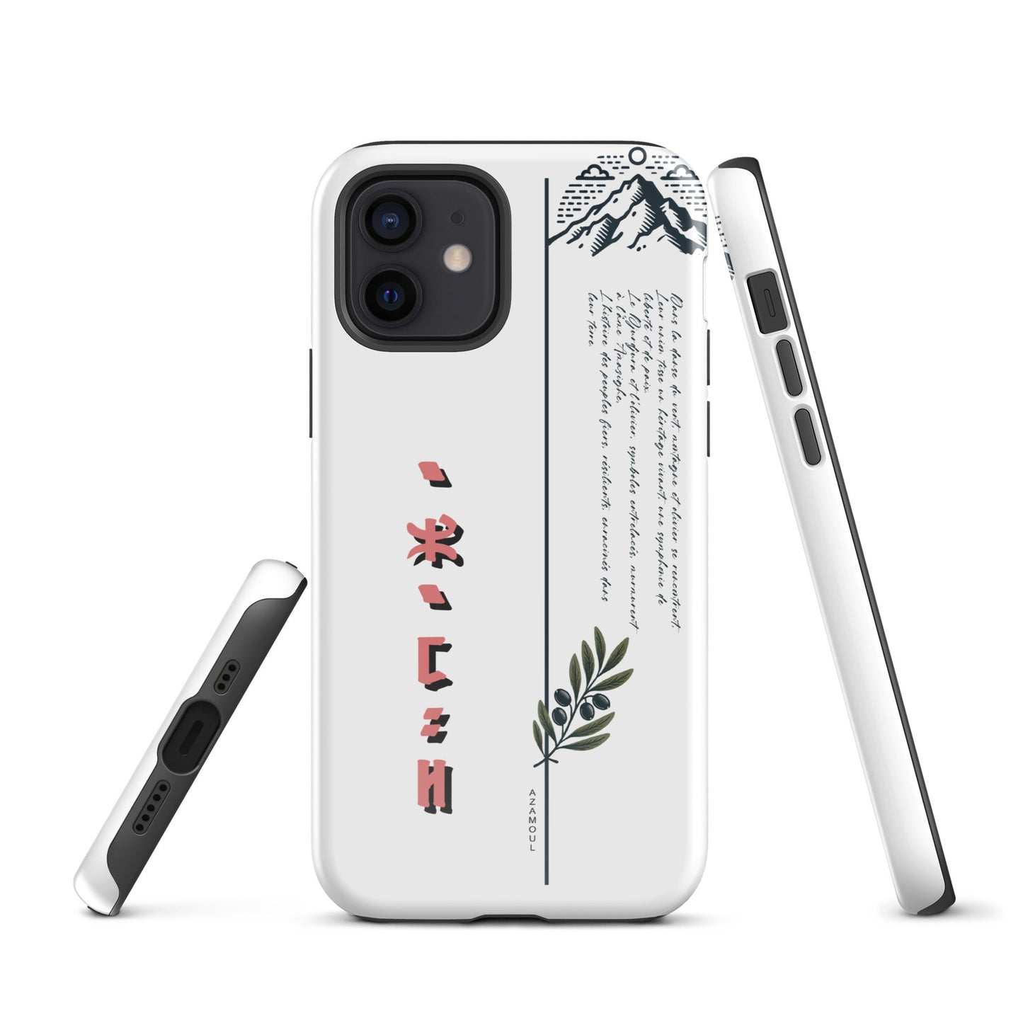 coque pour samsung izumal solide mettant en valeur des symboles de l'identité Amazigh à travers l'alphabet tifinagh et une branche de l'olivier symbole de durabilité et solidité et la montagne djurdjura de la kabylie en algérie