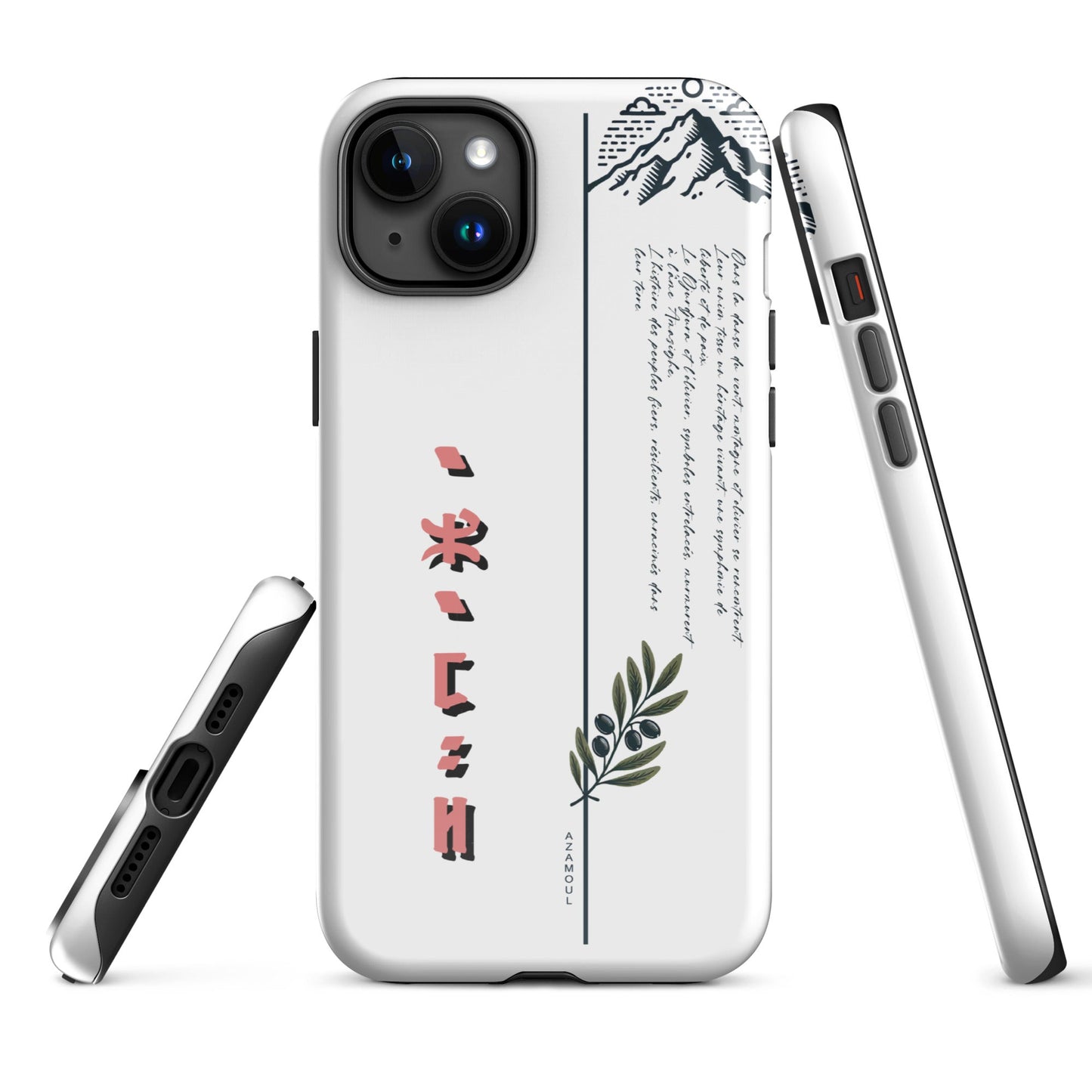 coque pour samsung izumal solide mettant en valeur des symboles de l'identité Amazigh à travers l'alphabet tifinagh et une branche de l'olivier symbole de durabilité et solidité et la montagne djurdjura de la kabylie en algérie
