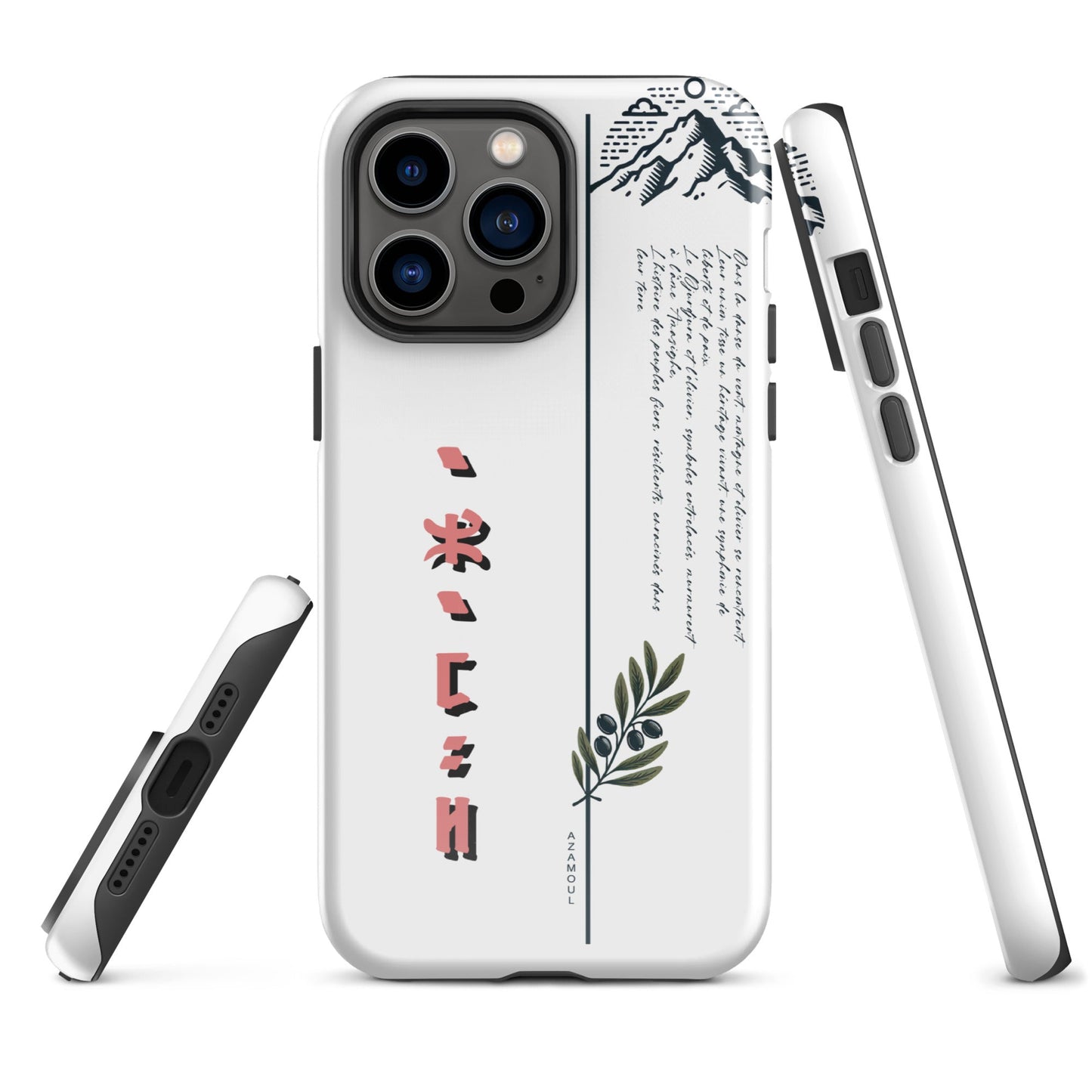 coque pour samsung izumal solide mettant en valeur des symboles de l'identité Amazigh à travers l'alphabet tifinagh et une branche de l'olivier symbole de durabilité et solidité et la montagne djurdjura de la kabylie en algérie