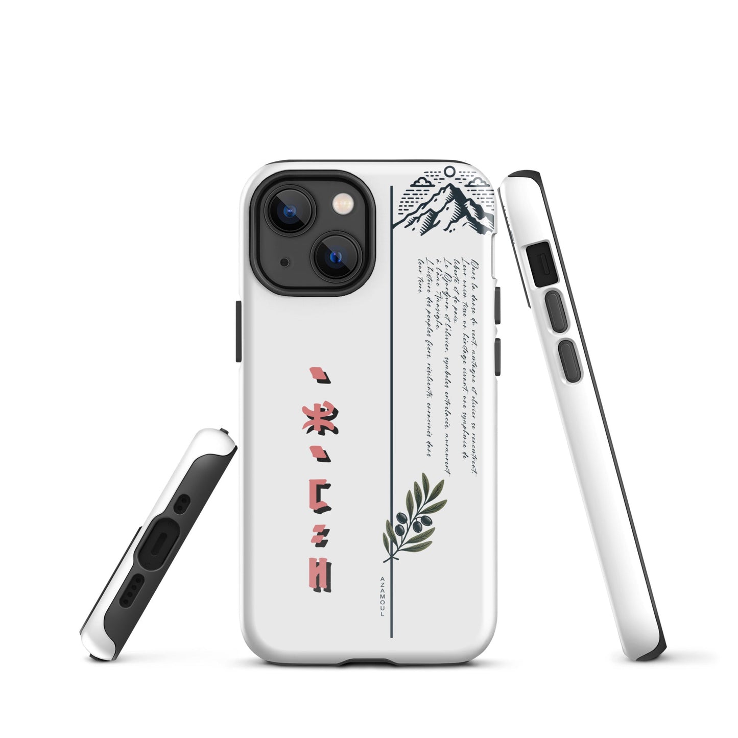 coque pour samsung izumal solide mettant en valeur des symboles de l'identité Amazigh à travers l'alphabet tifinagh et une branche de l'olivier symbole de durabilité et solidité et la montagne djurdjura de la kabylie en algérie