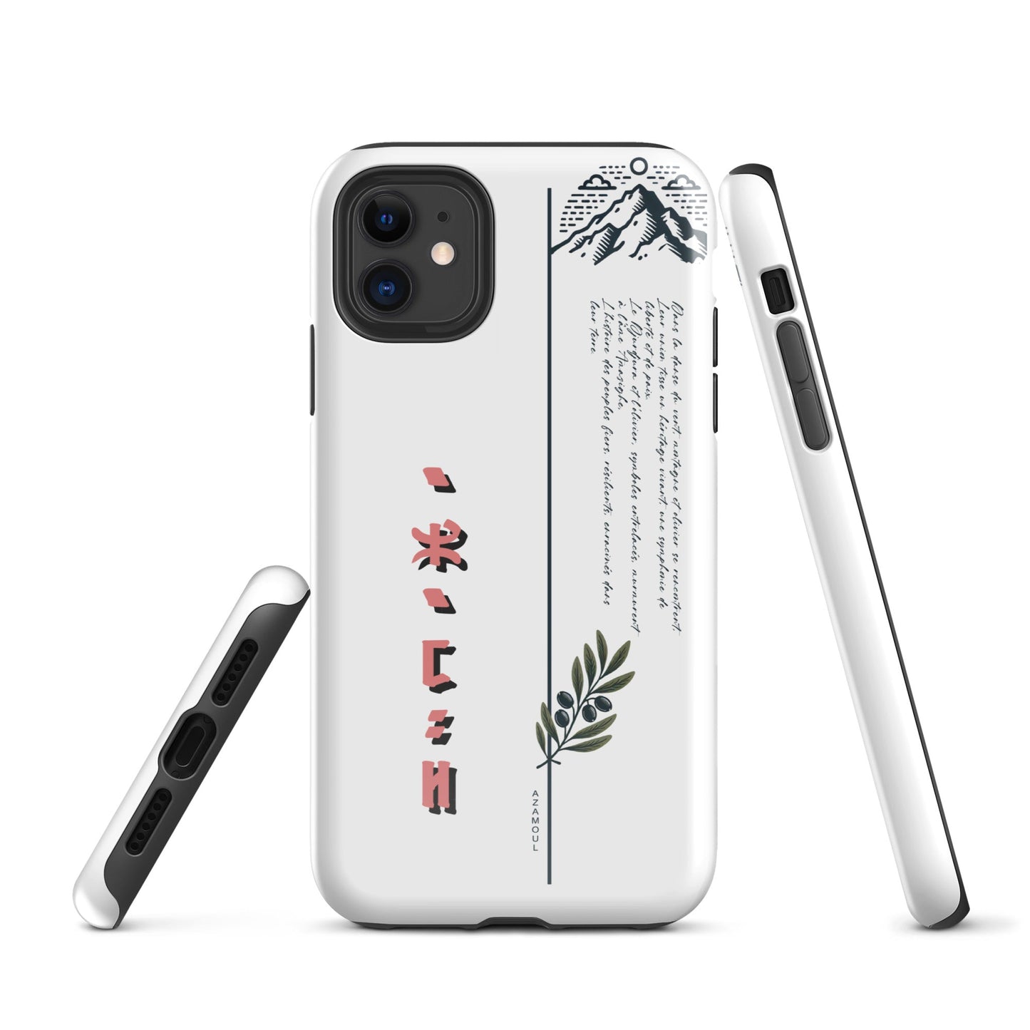 coque pour samsung izumal solide mettant en valeur des symboles de l'identité Amazigh à travers l'alphabet tifinagh et une branche de l'olivier symbole de durabilité et solidité et la montagne djurdjura de la kabylie en algérie