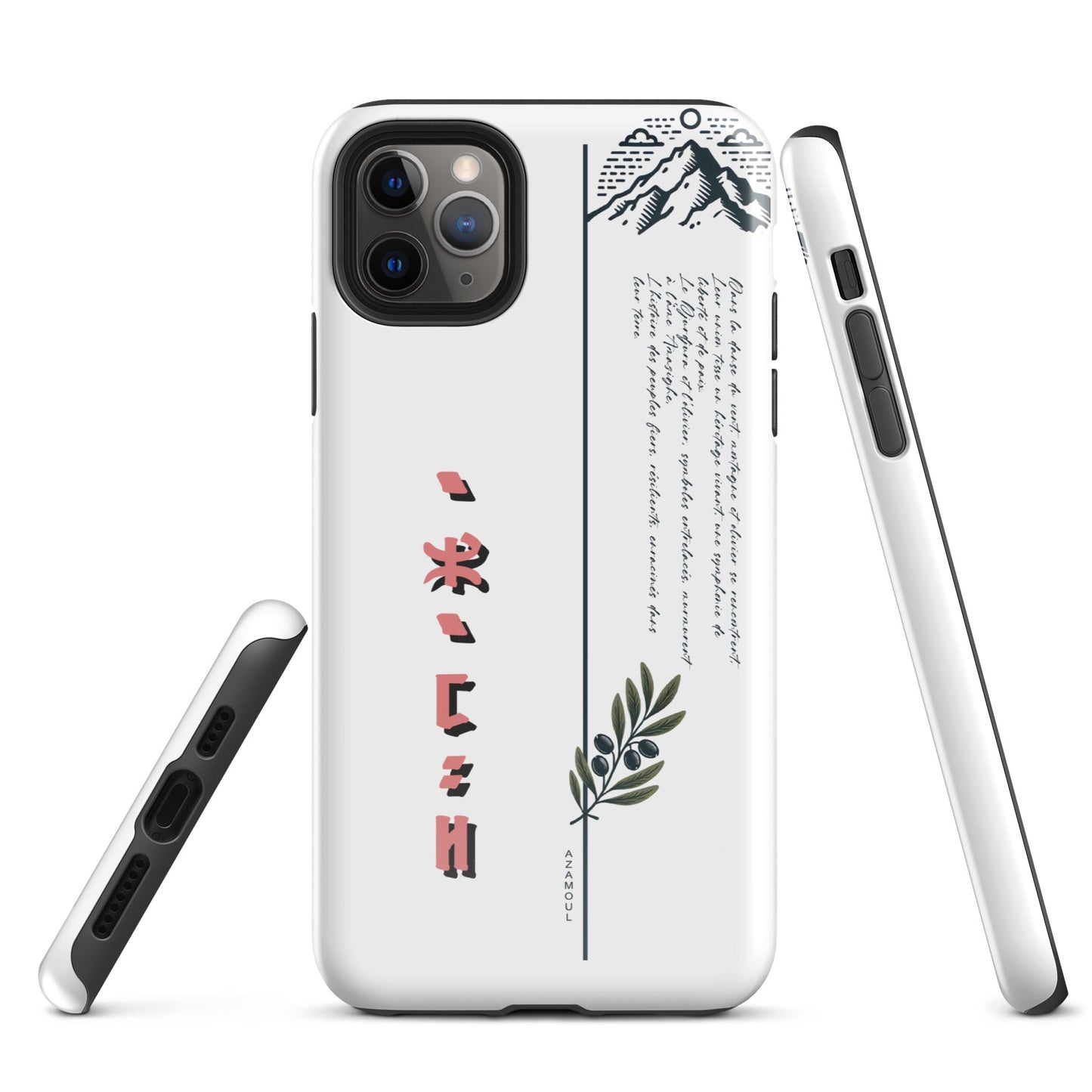 coque pour samsung izumal solide mettant en valeur des symboles de l'identité Amazigh à travers l'alphabet tifinagh et une branche de l'olivier symbole de durabilité et solidité et la montagne djurdjura de la kabylie en algérie