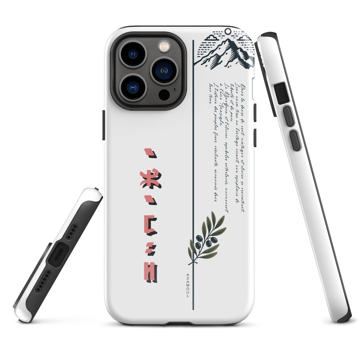 coque pour samsung izumal solide mettant en valeur des symboles de l'identité Amazigh à travers l'alphabet tifinagh et une branche de l'olivier symbole de durabilité et solidité et la montagne djurdjura de la kabylie en algérie
