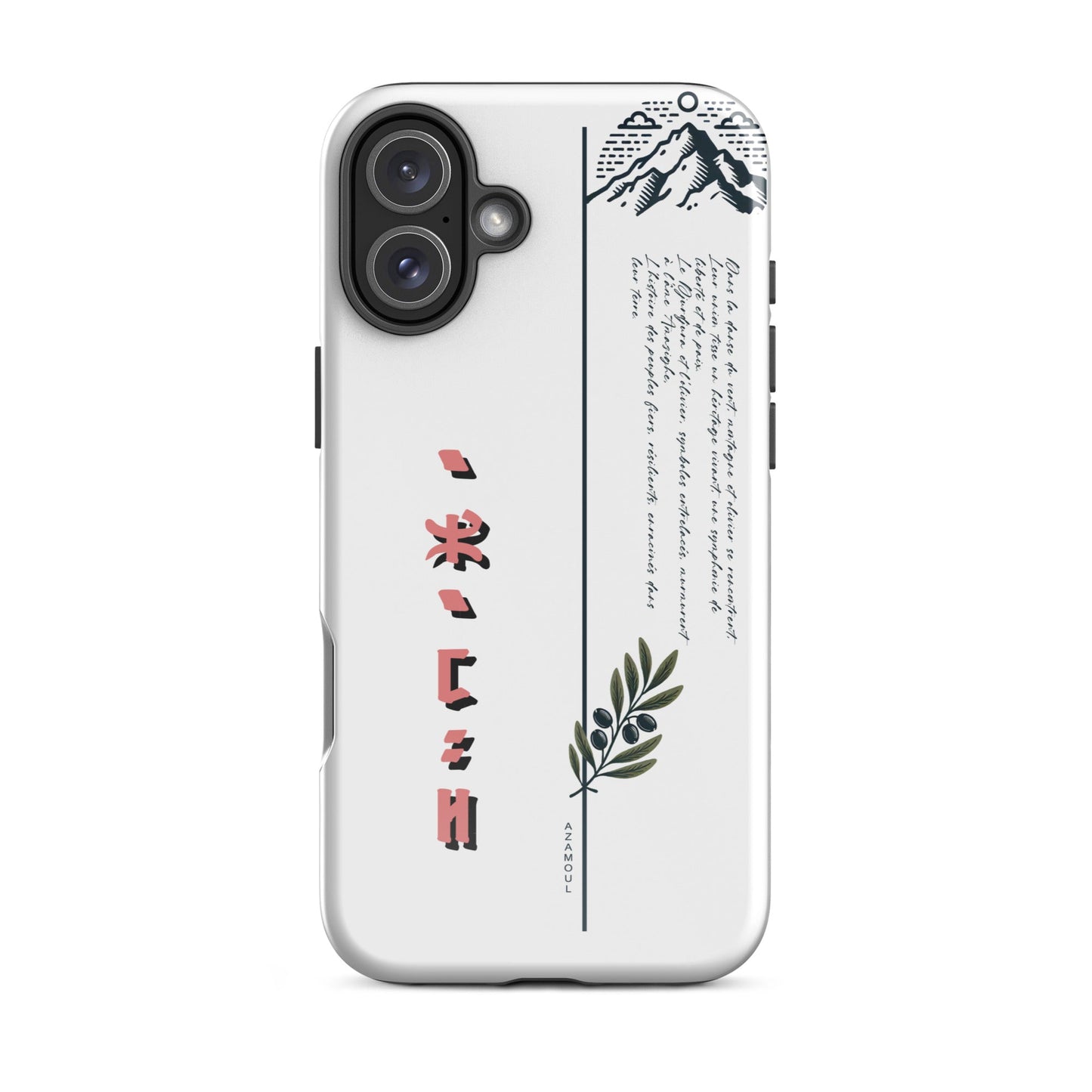 coque pour samsung izumal solide mettant en valeur des symboles de l'identité Amazigh à travers l'alphabet tifinagh et une branche de l'olivier symbole de durabilité et solidité et la montagne djurdjura de la kabylie en algérie