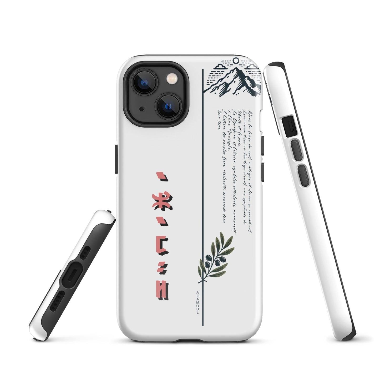 coque pour samsung izumal solide mettant en valeur des symboles de l'identité Amazigh à travers l'alphabet tifinagh et une branche de l'olivier symbole de durabilité et solidité et la montagne djurdjura de la kabylie en algérie