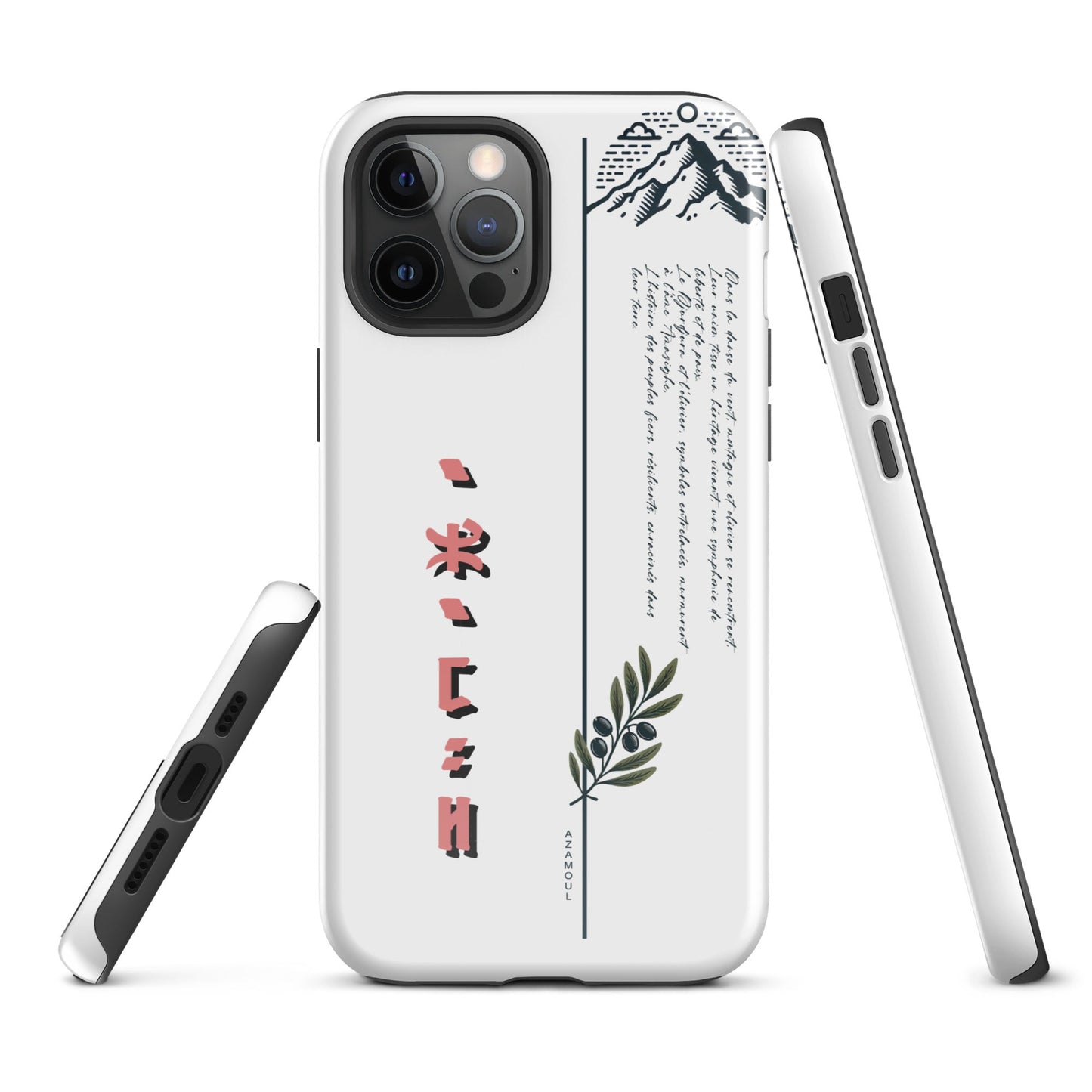 coque pour samsung izumal solide mettant en valeur des symboles de l'identité Amazigh à travers l'alphabet tifinagh et une branche de l'olivier symbole de durabilité et solidité et la montagne djurdjura de la kabylie en algérie
