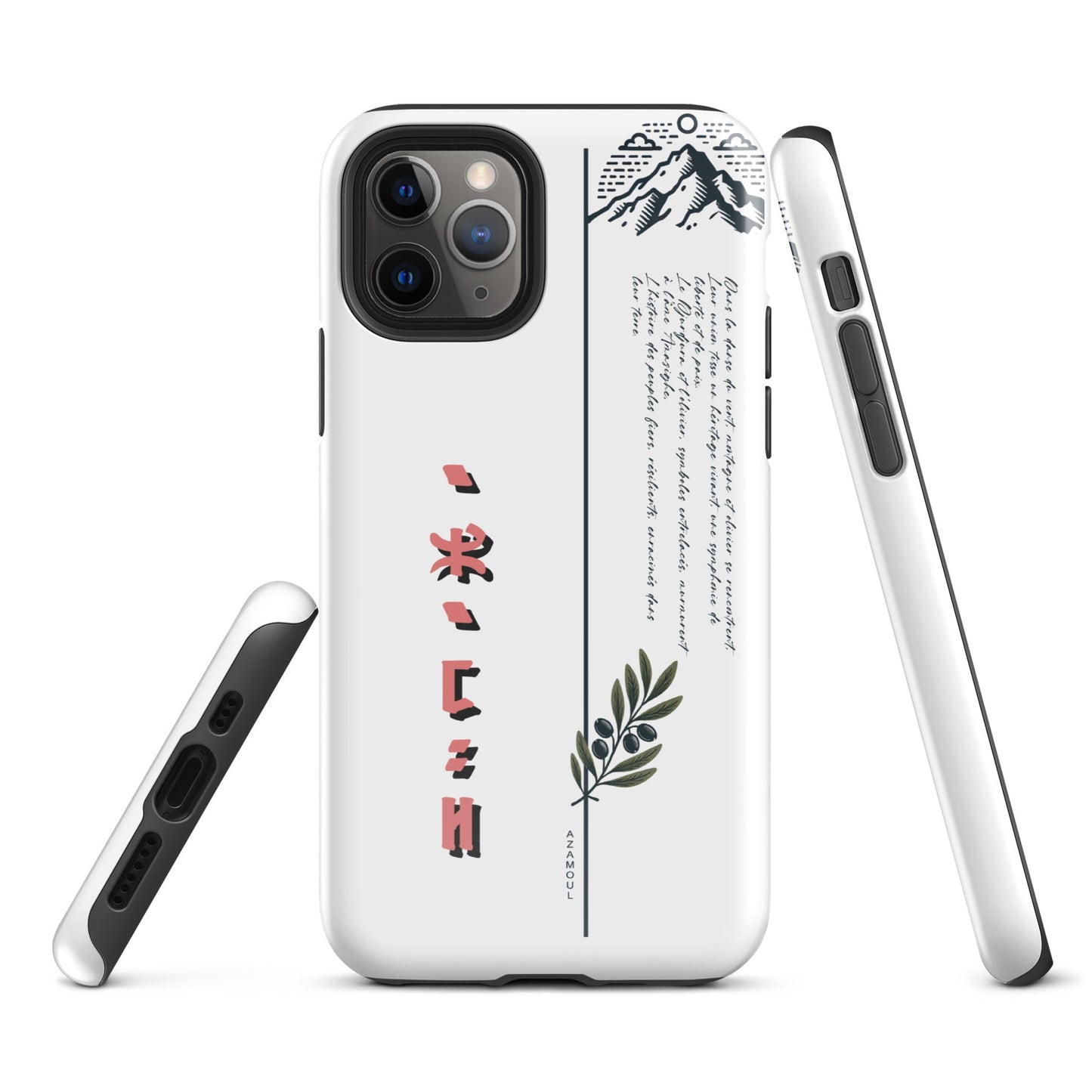 coque pour samsung izumal solide mettant en valeur des symboles de l'identité Amazigh à travers l'alphabet tifinagh et une branche de l'olivier symbole de durabilité et solidité et la montagne djurdjura de la kabylie en algérie