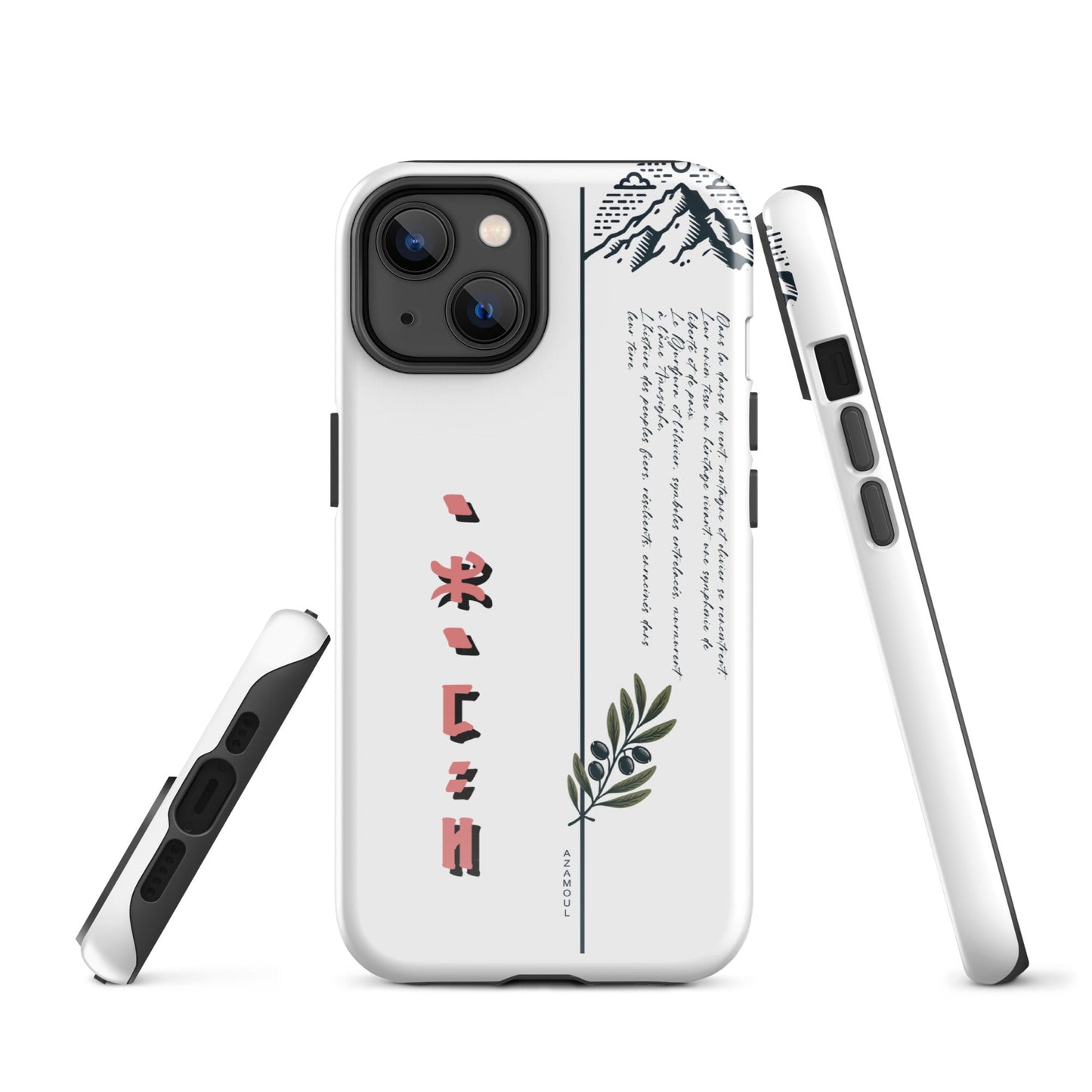 coque pour samsung izumal solide mettant en valeur des symboles de l'identité Amazigh à travers l'alphabet tifinagh et une branche de l'olivier symbole de durabilité et solidité et la montagne djurdjura de la kabylie en algérie