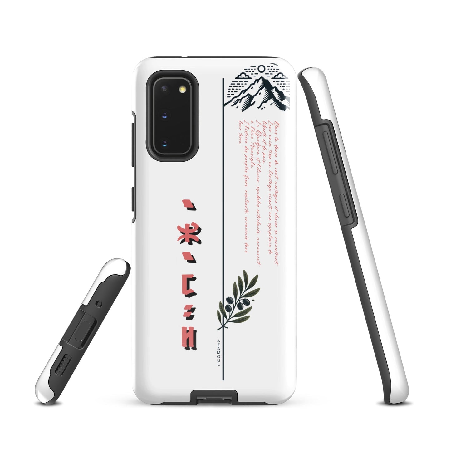 coque pour samsung solide mettant en valeur des symboles de l'identité Amazigh à travers l'alphabet tifinagh et une branche de l'olivier symbole de durabilité et solidité et la montagne djurdjura de la kabylie en algérie