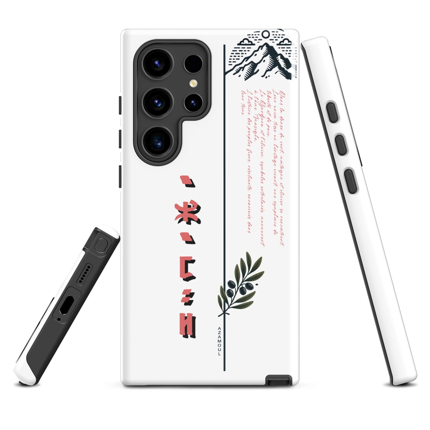 coque pour samsung solide mettant en valeur des symboles de l'identité Amazigh à travers l'alphabet tifinagh et une branche de l'olivier symbole de durabilité et solidité et la montagne djurdjura de la kabylie en algérie