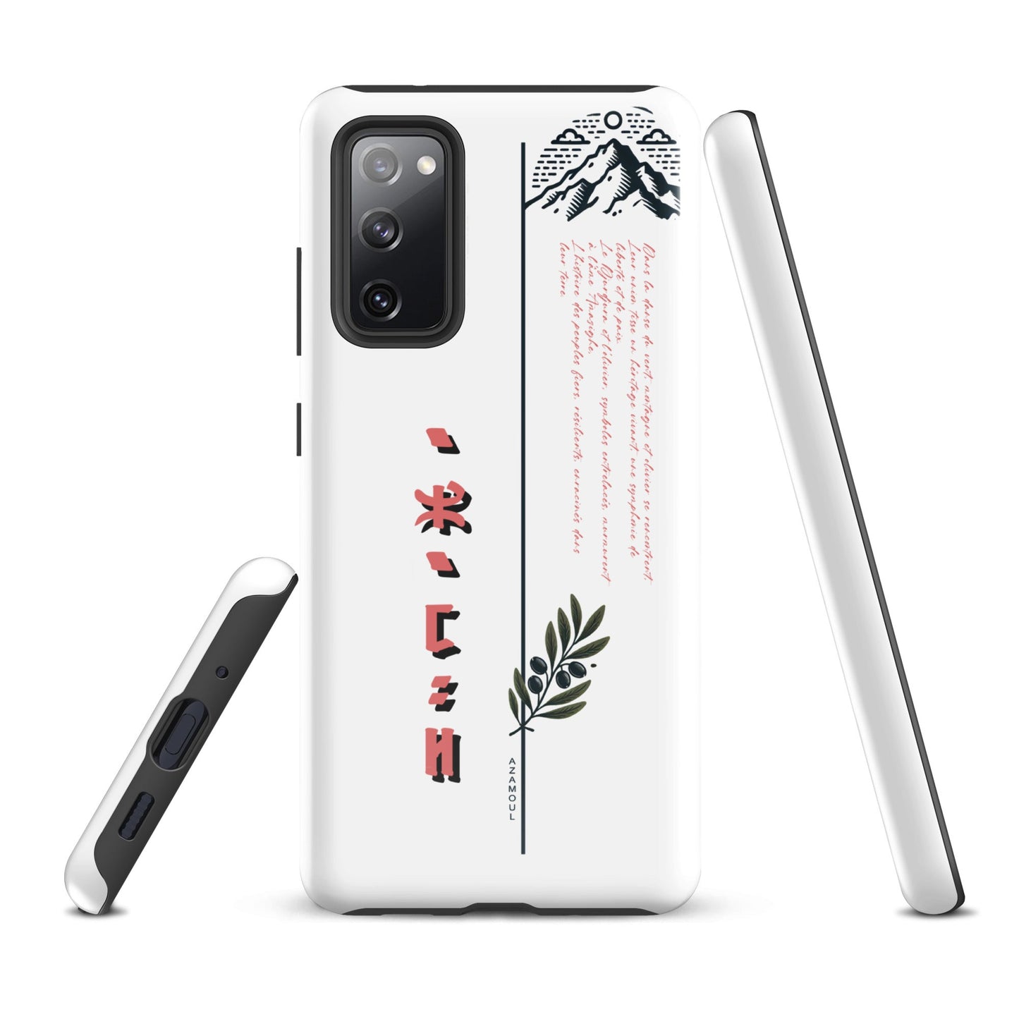 coque pour samsung solide mettant en valeur des symboles de l'identité Amazigh à travers l'alphabet tifinagh et une branche de l'olivier symbole de durabilité et solidité et la montagne djurdjura de la kabylie en algérie