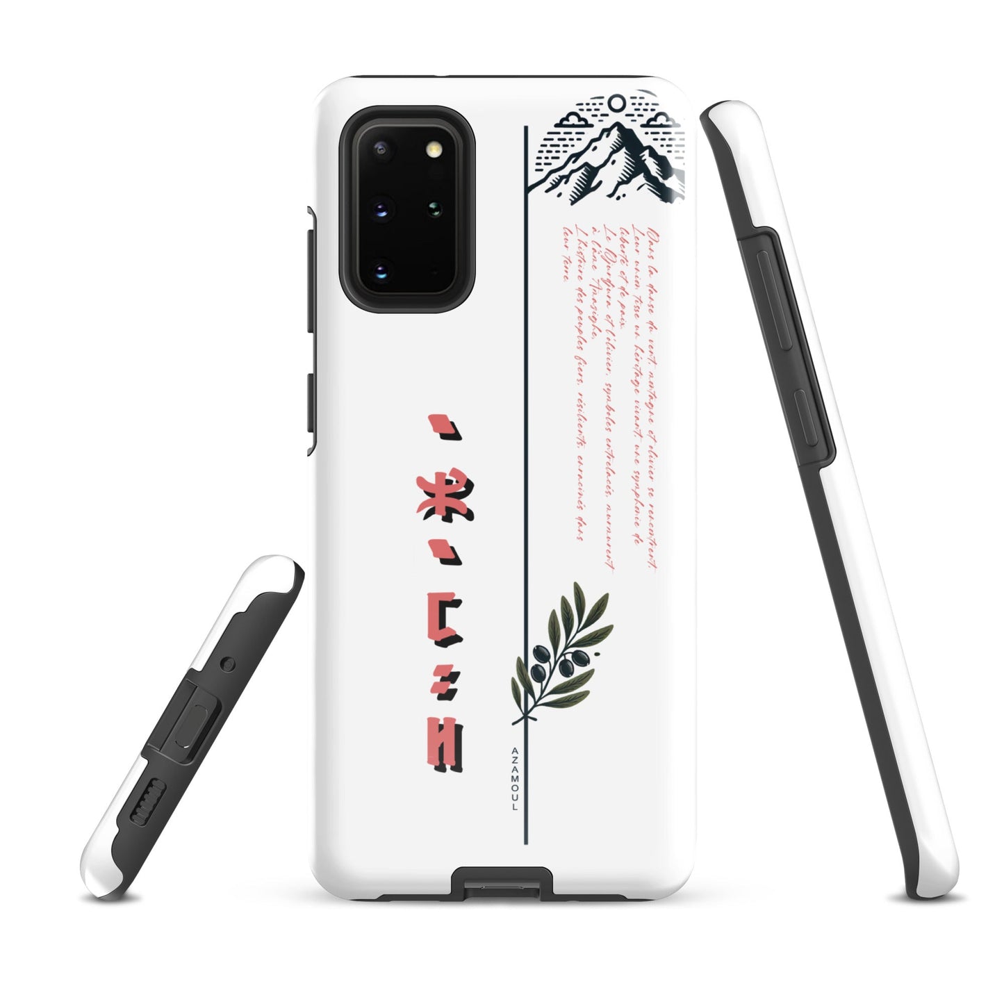 coque pour samsung solide mettant en valeur des symboles de l'identité Amazigh à travers l'alphabet tifinagh et une branche de l'olivier symbole de durabilité et solidité et la montagne djurdjura de la kabylie en algérie