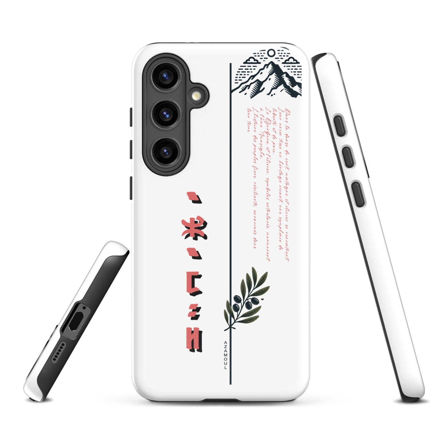 coque pour samsung izumal solide mettant en valeur des symboles de l'identité Amazigh à travers l'alphabet tifinagh et une branche de l'olivier symbole de durabilité et solidité et la montagne djurdjura de la kabylie en algérie