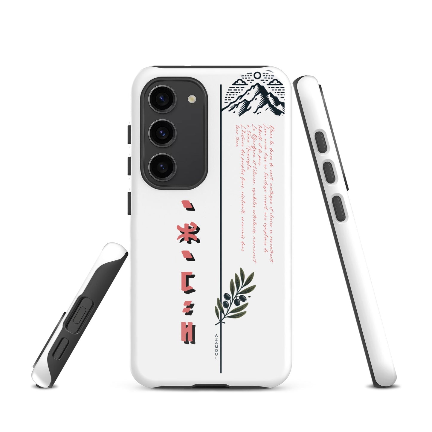 coque pour samsung solide mettant en valeur des symboles de l'identité Amazigh à travers l'alphabet tifinagh et une branche de l'olivier symbole de durabilité et solidité et la montagne djurdjura de la kabylie en algérie