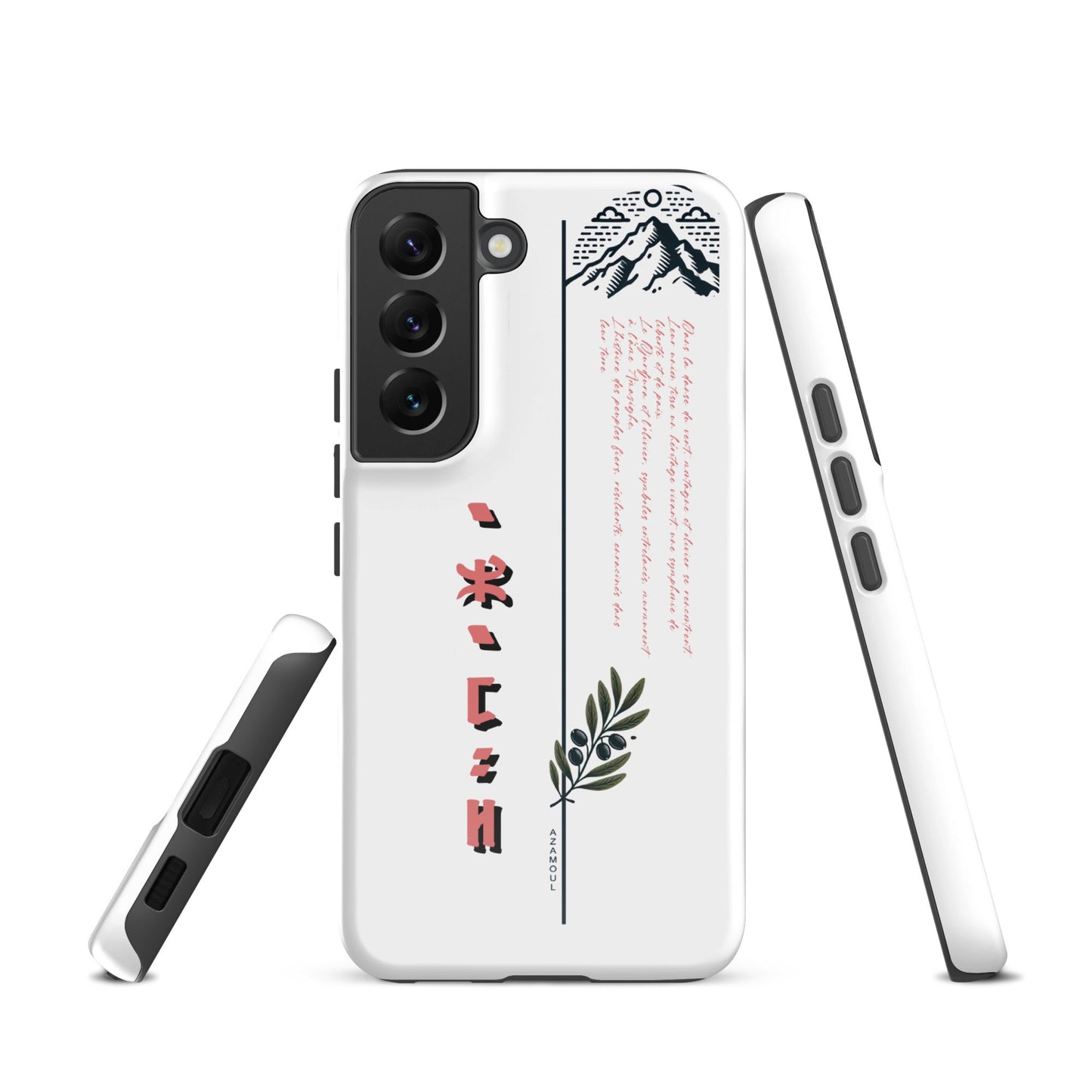 coque pour samsung solide mettant en valeur des symboles de l'identité Amazigh à travers l'alphabet tifinagh et une branche de l'olivier symbole de durabilité et solidité et la montagne djurdjura de la kabylie en algérie