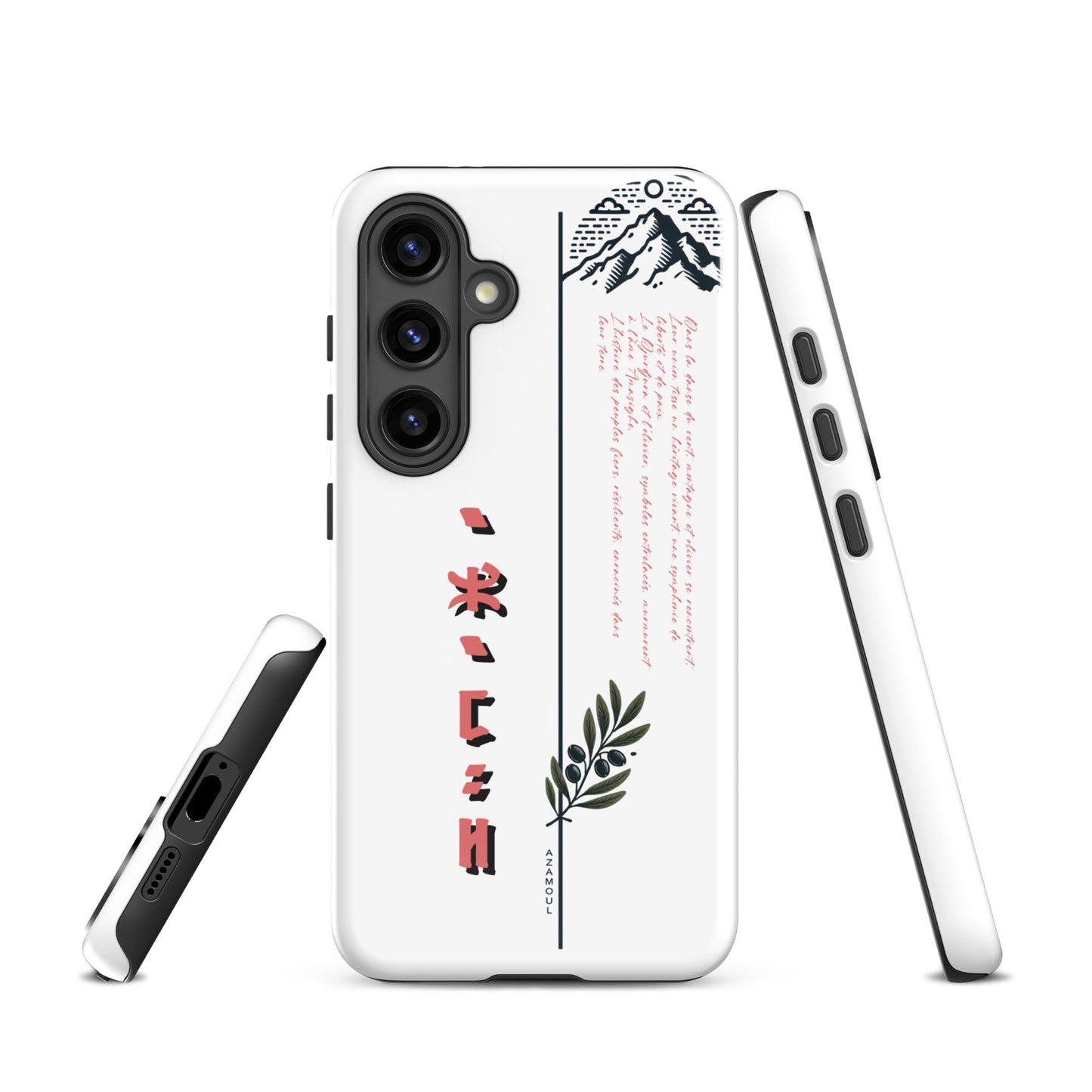 coque pour samsung izumal solide mettant en valeur des symboles de l'identité Amazigh à travers l'alphabet tifinagh et une branche de l'olivier symbole de durabilité et solidité et la montagne djurdjura de la kabylie en algérie
