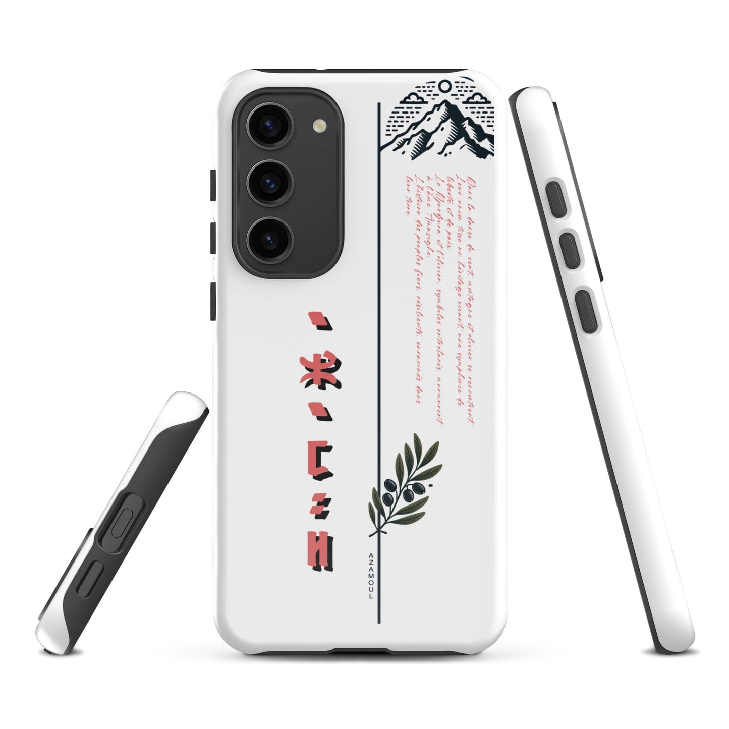coque pour samsung izumal solide mettant en valeur des symboles de l'identité Amazigh à travers l'alphabet tifinagh et une branche de l'olivier symbole de durabilité et solidité et la montagne djurdjura de la kabylie en algérie