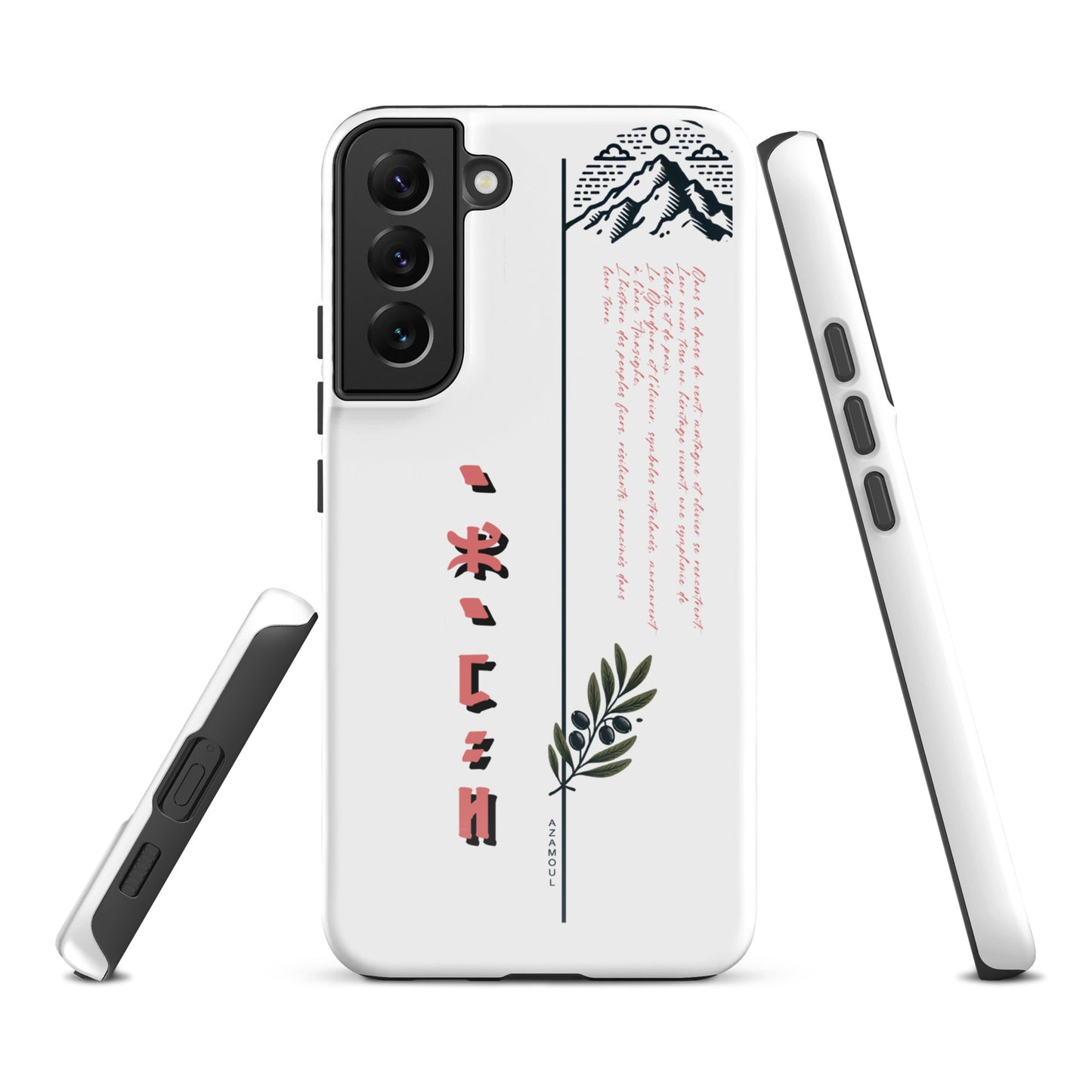 coque pour samsung solide mettant en valeur des symboles de l'identité Amazigh à travers l'alphabet tifinagh et une branche de l'olivier symbole de durabilité et solidité et la montagne djurdjura de la kabylie en algérie