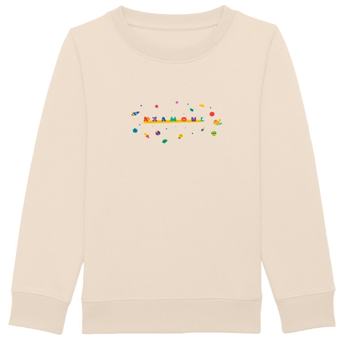 Pull pour enfant couleur ivoire écrit AZAMOUL entouré de motifs d'univers enfant de plusieurs couleurs par azamoul mode et accessoires berbères amazigh