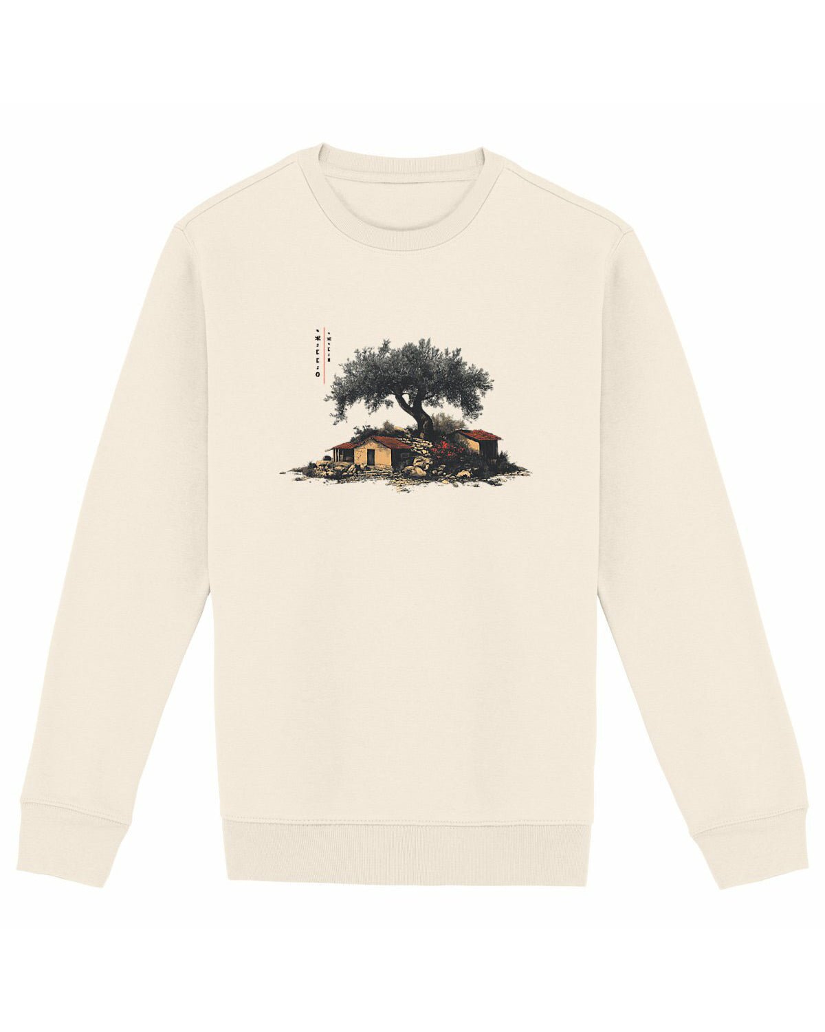 Pull Izuraniw illustrant les maisons kabyles, un olivier symbole de résistance et une inscription en tifinagh , mes racines en langue berbère amazigh en couleur ivoire par azamoul mode et accessoires berbères, portez votre identité