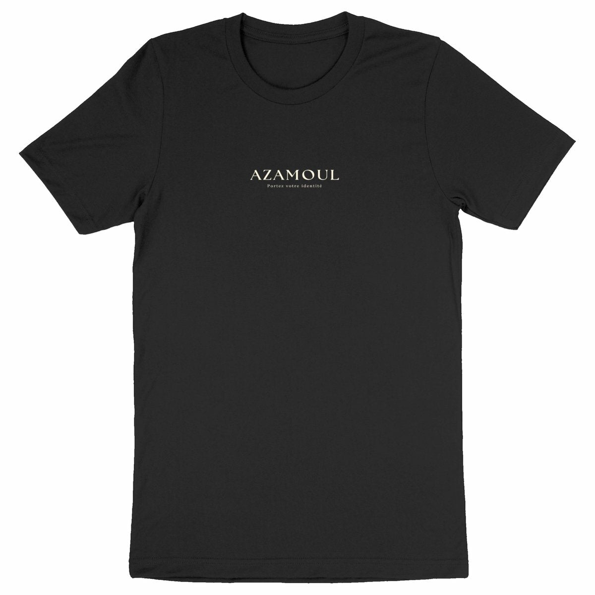 T-shirt Portez Votre Identité pour Homme et écrit azamoul qui signifie symbole ne langue berbère amazigh, par azamoul mode et accessoires berbères couleur noir