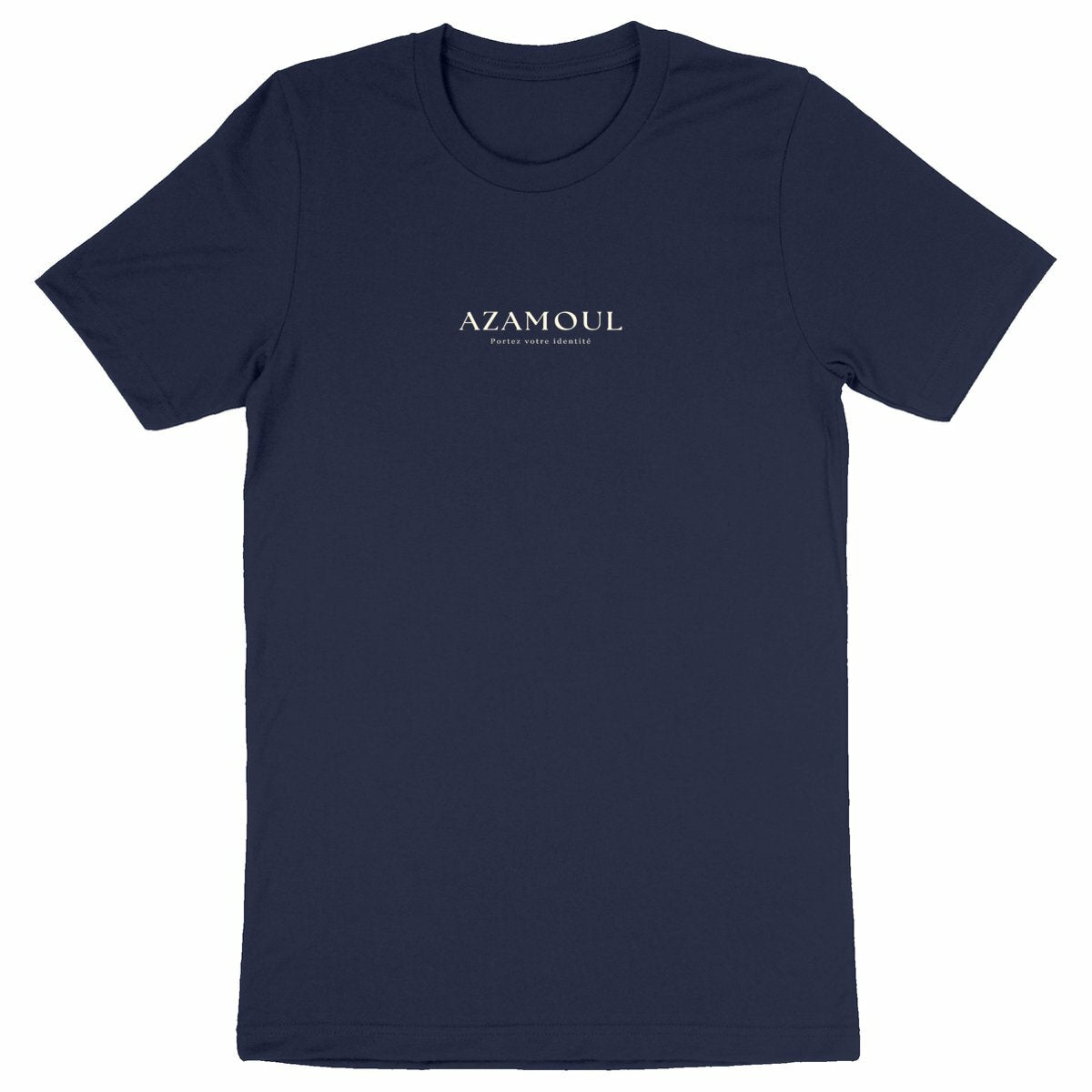 T-shirt Portez Votre Identité pour Homme et écrit azamoul qui signifie symbole ne langue berbère amazigh, par azamoul mode et accessoires berbères couleur bleu marine