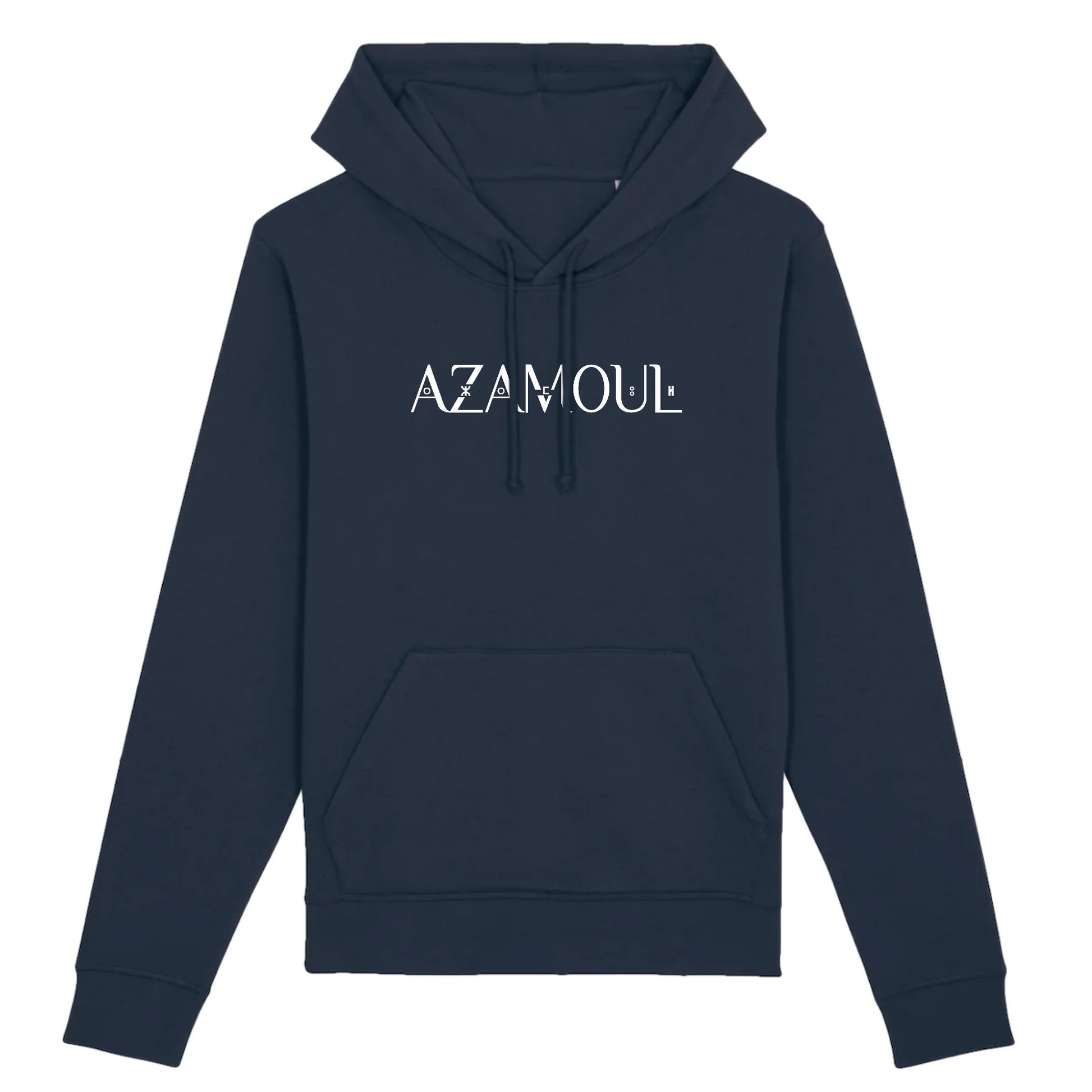 Sweat à capuche de couleur bleu marine, avec le logo azamoul, symbole en langue berbère amazigh une partie écrite en tifinagh, par azamoul mode et accessoires berbères