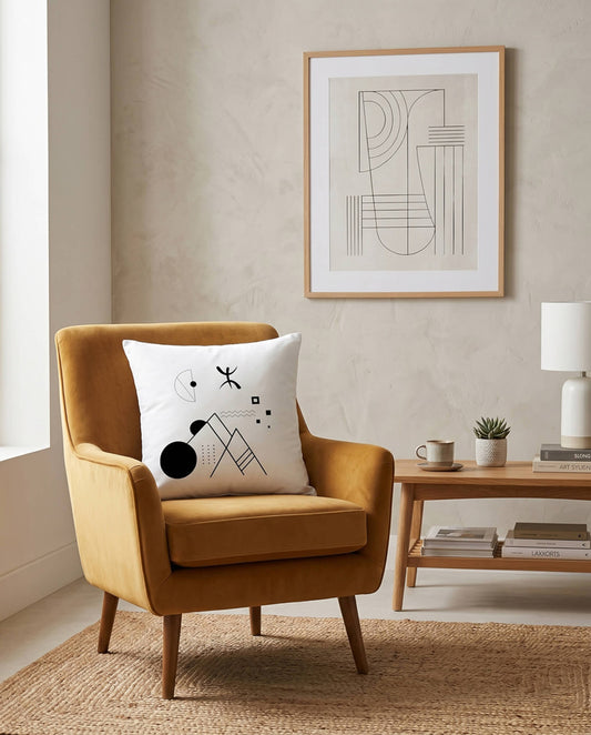 Coussin déco blanc Azamoul au motif géométrique amazigh, posé sur un fauteuil moutarde dans un salon