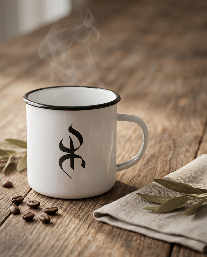 Mug emaillé en métal avec le symbole YAZ posé sur une table avec des grains de café et feuille d'olivier contenant un café avec fumée par azamoul mode et accessoires berbères amazighs.