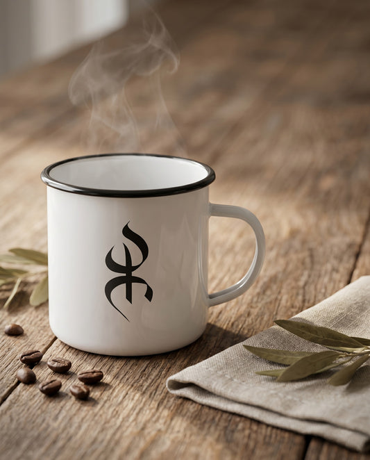 Mug emaillé en métal avec le symbole YAZ posé sur une table avec des grains de café et feuille d'olivier contenant un café avec fumée par azamoul mode et accessoires berbères amazighs.