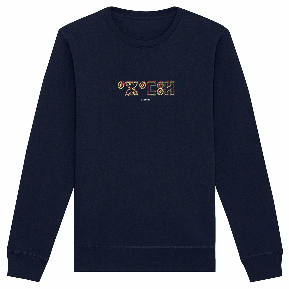 pull Azamul Tifinagh pour homme est en 100% coton biologique premium . Son design unique, avec le mot AZAMUL écrit en tifinagh, met en valeur la culture berbère amazigh par azamoul mode et accessoires berbères couleur bleu marine