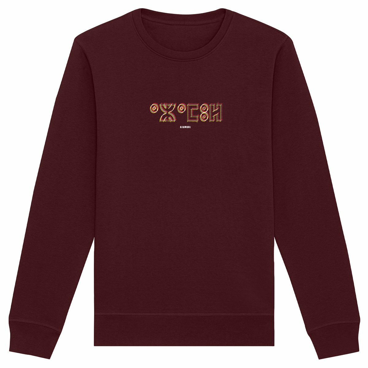 pull Azamul Tifinagh pour homme est en 100% coton biologique premium . Son design unique, avec le mot AZAMUL écrit en tifinagh, met en valeur la culture berbère amazigh par azamoul mode et accessoires berbères couleur bordeaux