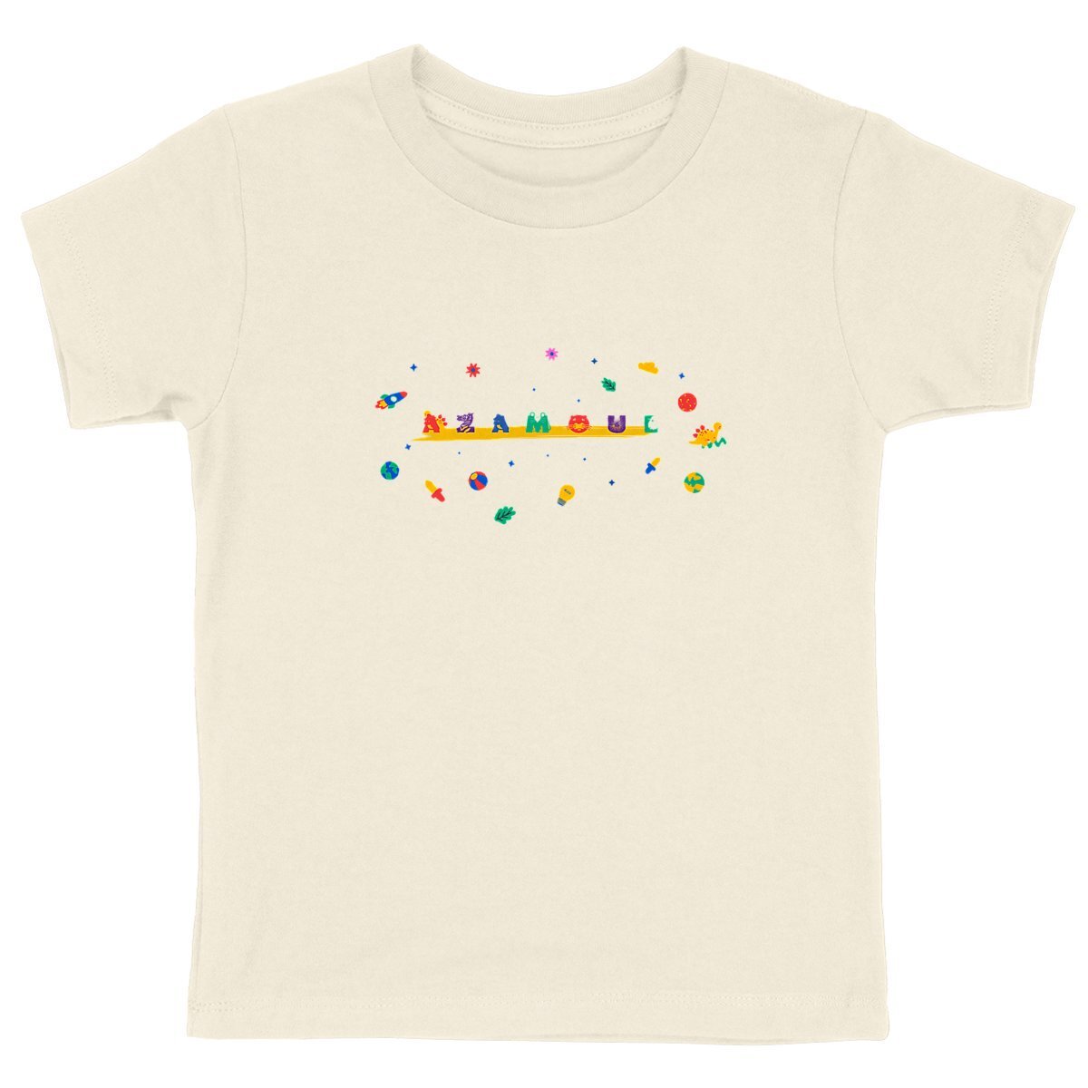 tshirt pour enfant écrit AZAMOUL entouré de motifs d'univers enfant de plusieurs couleurs par azamoul mode et accessoires berbères amazigh couleur naturel