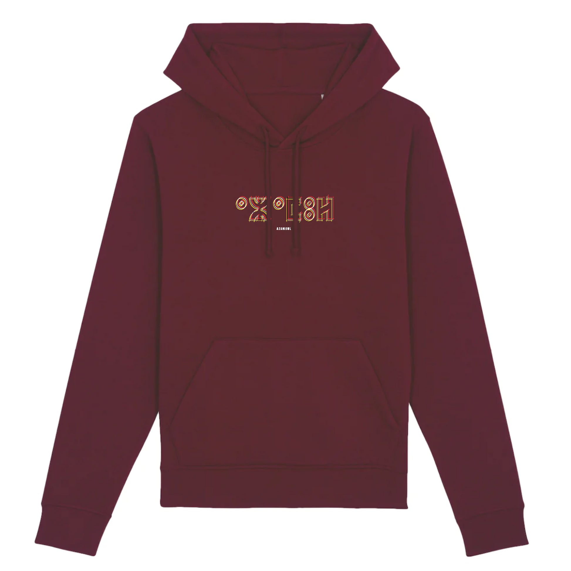 sweat à capuche pour homme  écrit en tifinagh la langue amazigh berbère par azamoul mode et accessoires berbères de couleur Bordeaux