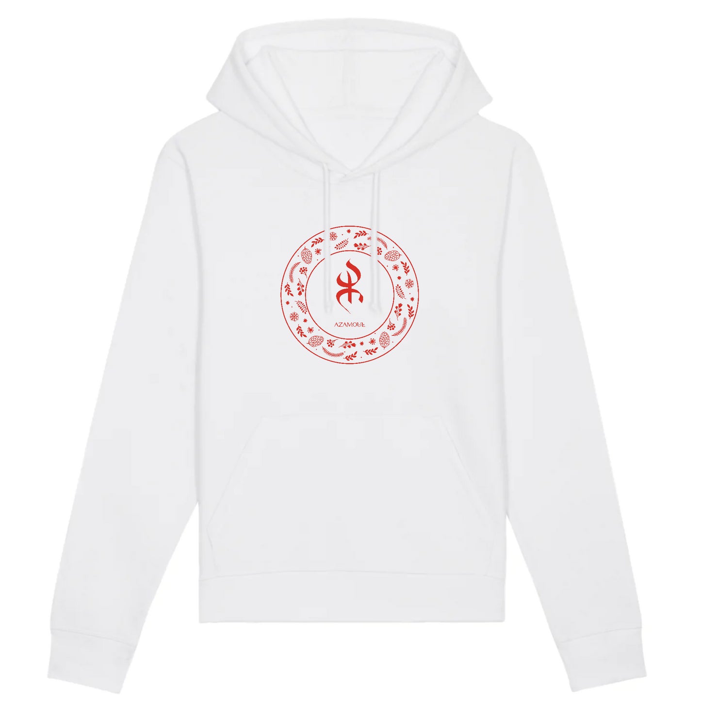 Sweat à capuche YAZ premium avec le symbole berbère amazigh YAZ , symbole du peuple libre amazigh, par azamoul mode et accessoires berbères de couleur blanc