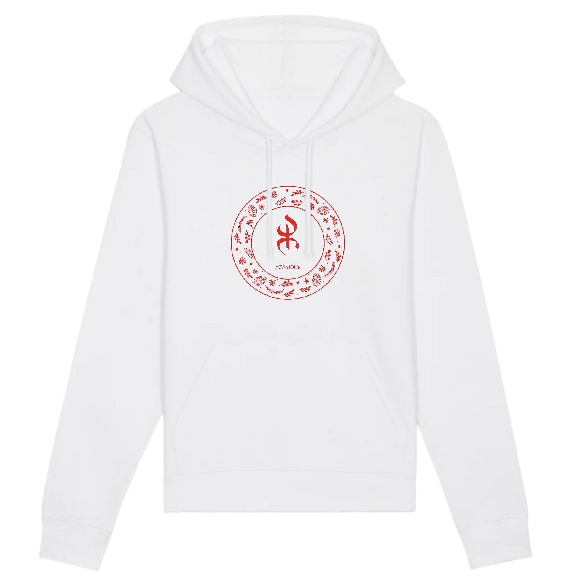 Sweat à capuche YAZ premium avec le symbole berbère amazigh YAZ , symbole du peuple libre amazigh, par azamoul mode et accessoires berbères de couleur blanc