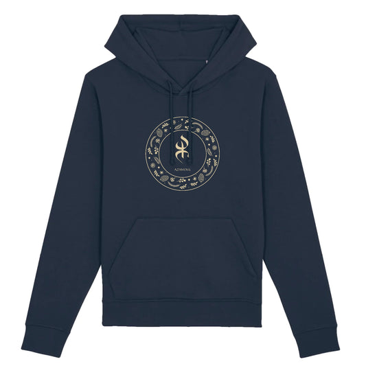 sweat à capuche avec le symbole berbère amazigh YAZ , symbole du peuple libre amazigh, par azamoul mode et accessoires berbères de couleur bleu