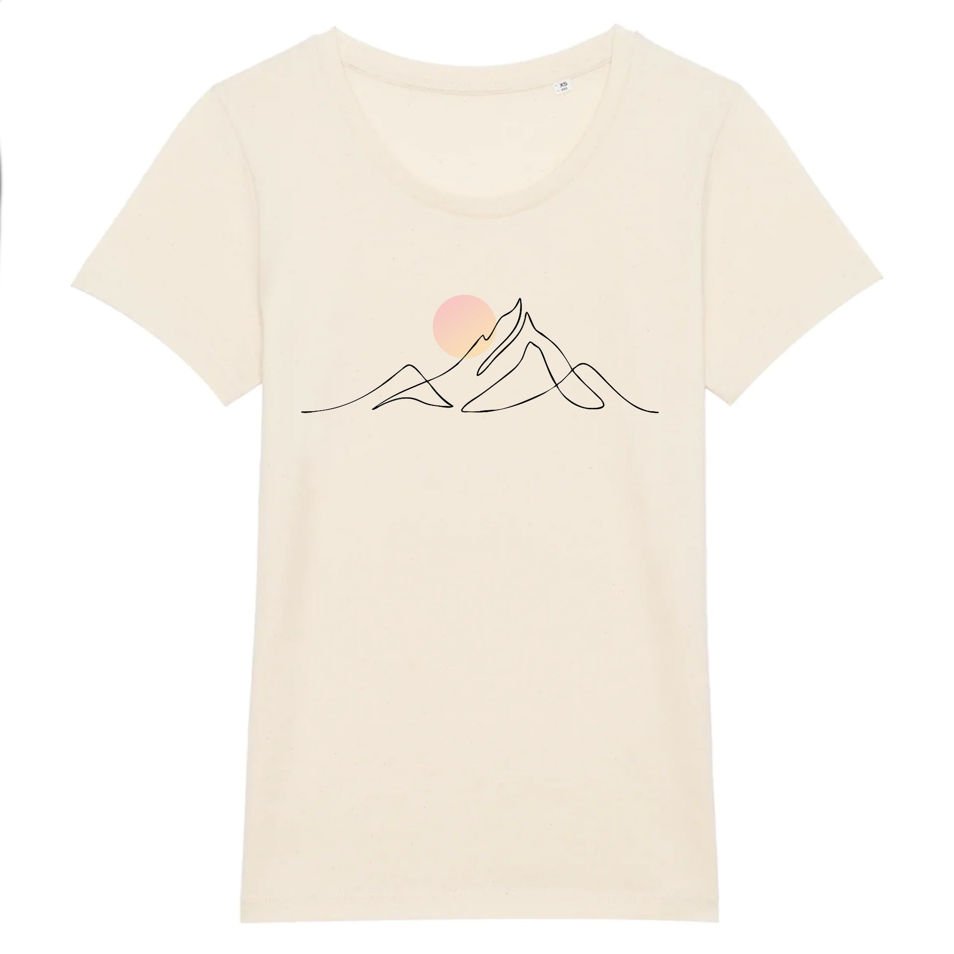 tshirt naturel 100% coton pour femme avec djurdjura montagne de la kabylie en algérie style minimaliste et une lune qui se lève sur la montagne djurdjura 