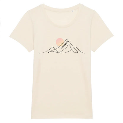 tshirt naturel 100% coton pour femme avec djurdjura montagne de la kabylie en algérie style minimaliste et une lune qui se lève sur la montagne djurdjura 
