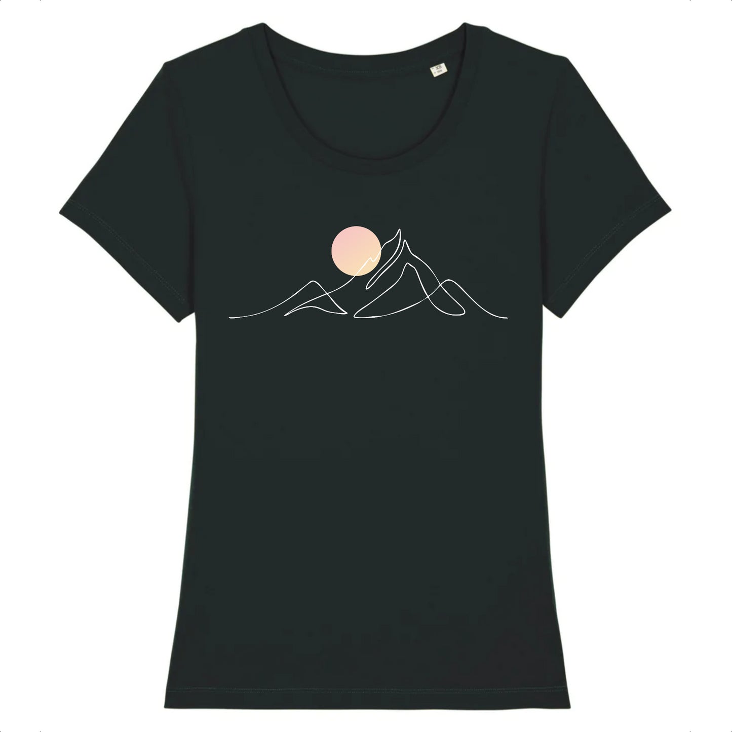 tshirt noir 100% coton pour femme avec djurdjura montagne de la kabylie en algérie style minimaliste et une lune qui se lève sur la montagne djurdjura 