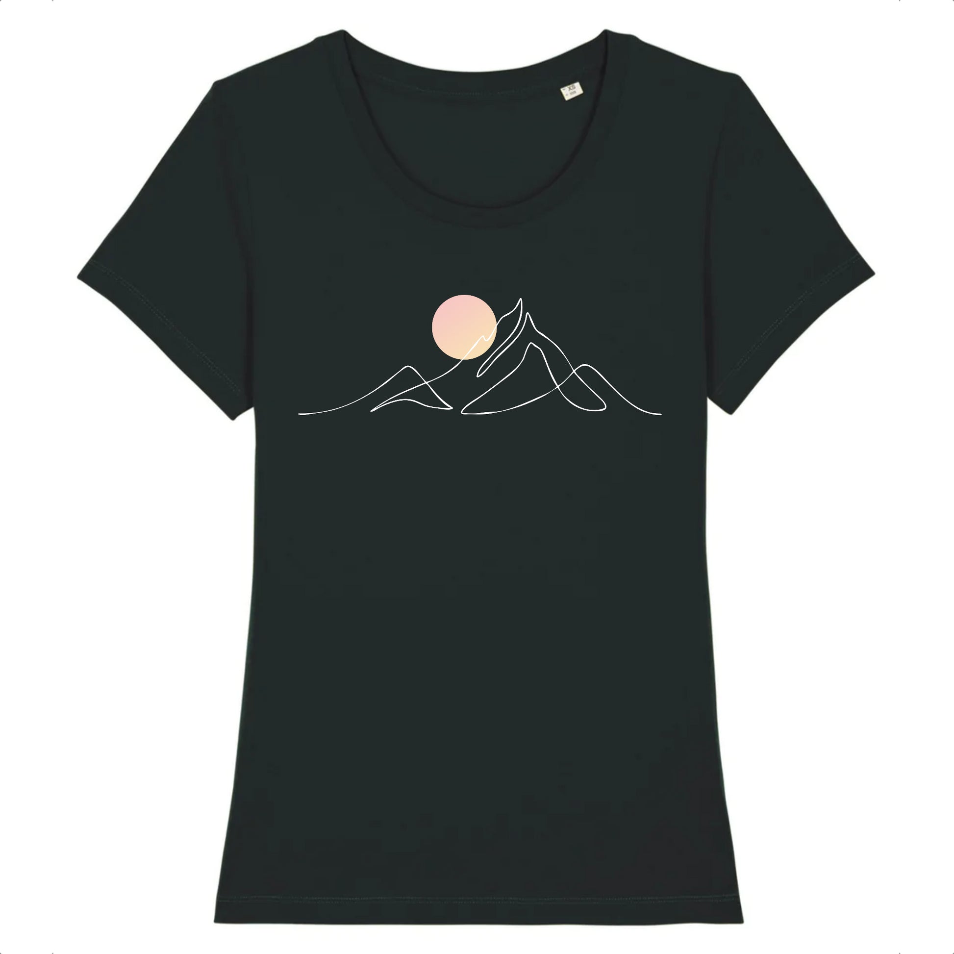 tshirt noir 100% coton pour femme avec djurdjura montagne de la kabylie en algérie style minimaliste et une lune qui se lève sur la montagne djurdjura 