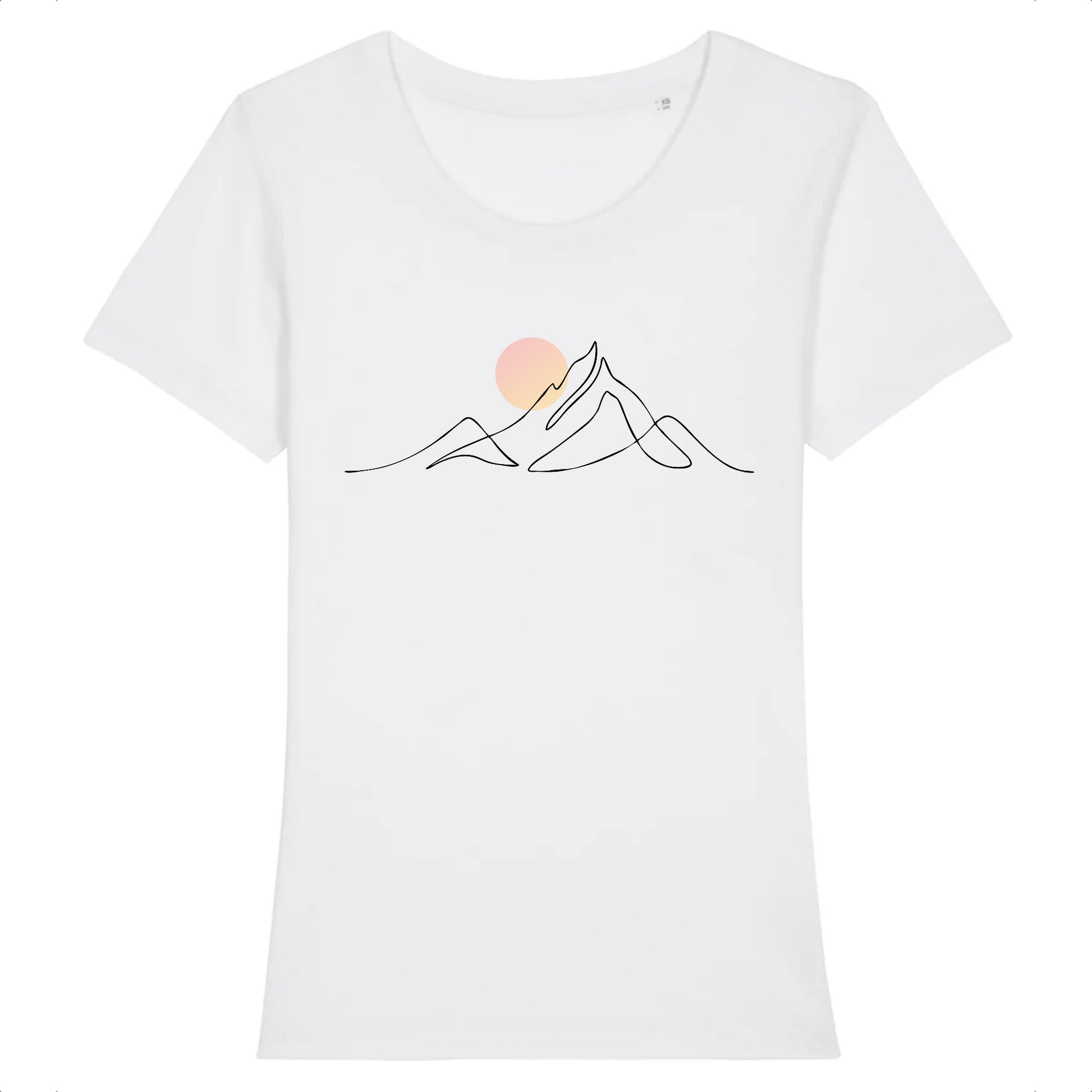 tshirt blanc 100% coton pour femme avec djurdjura montagne de la kabylie en algérie style minimaliste et une lune qui se lève sur la montagne djurdjura 