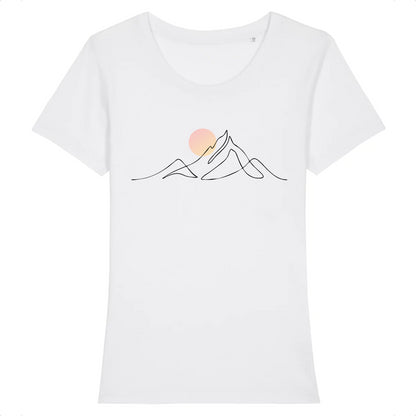 tshirt blanc 100% coton pour femme avec djurdjura montagne de la kabylie en algérie style minimaliste et une lune qui se lève sur la montagne djurdjura 