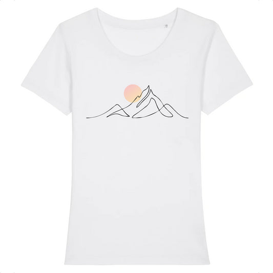 tshirt blanc 100% coton pour femme avec djurdjura montagne de la kabylie en algérie style minimaliste et une lune qui se lève sur la montagne djurdjura 