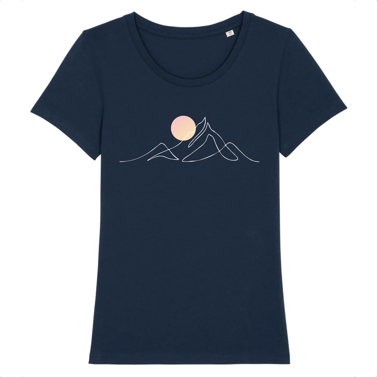 tshirt bleu marine 100% coton pour femme avec djurdjura montagne de la kabylie en algérie style minimaliste et une lune qui se lève sur la montagne djurdjura 