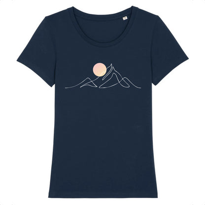 tshirt bleu marine 100% coton pour femme avec djurdjura montagne de la kabylie en algérie style minimaliste et une lune qui se lève sur la montagne djurdjura 